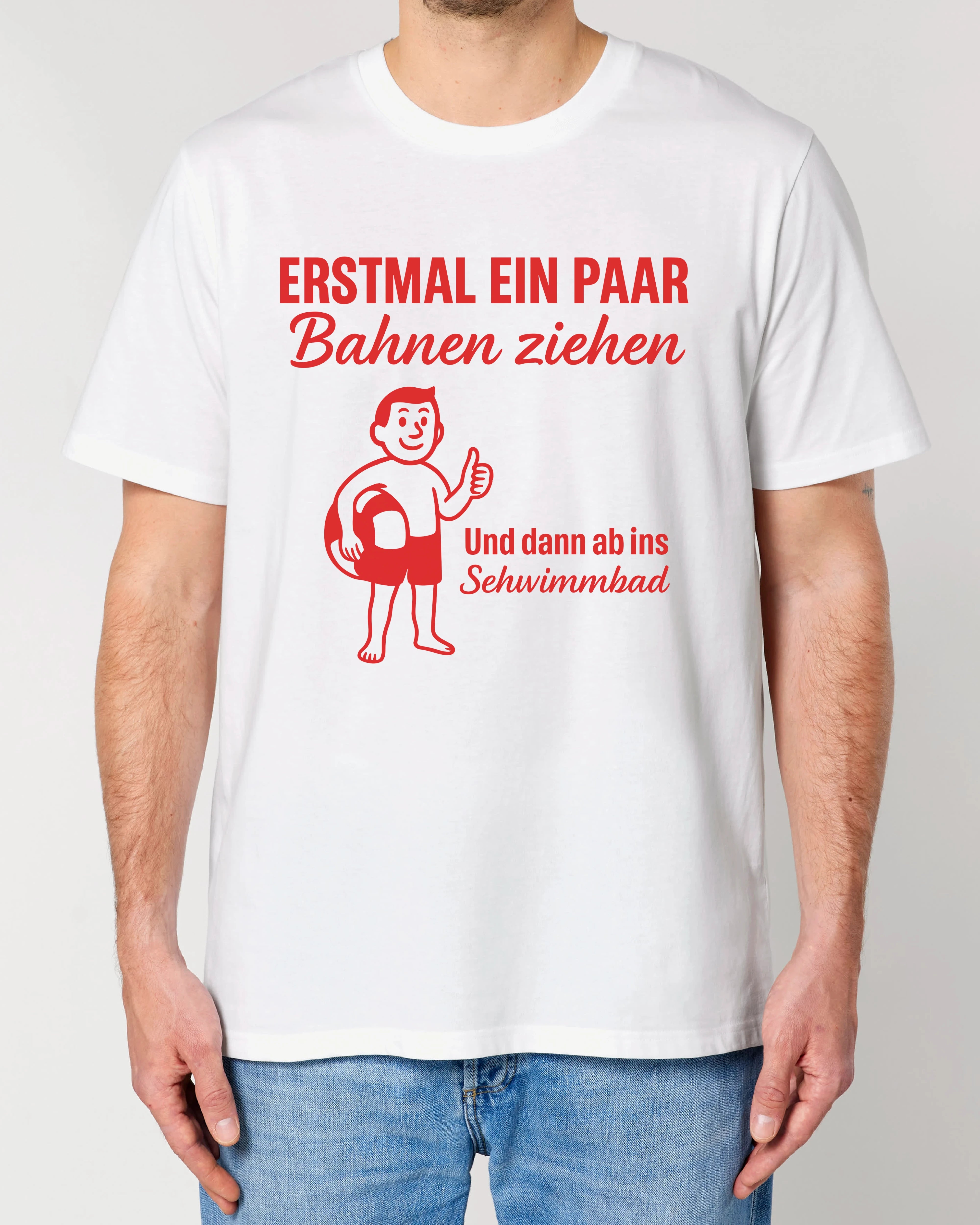 Lustiges Teeflix T-Shirt „Erstmal ein paar Bahnen ziehen“ – weiß, Unisex Schnitt, Bio-Baumwolle, witziges Spruchshirt