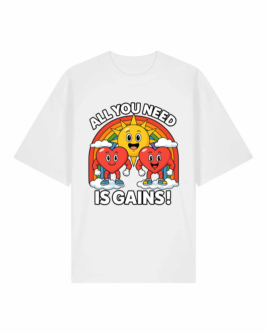 All You Need Is Gains Gym Shirt Oversized Weiß aus Bio-Baumwolle von Teeflix
