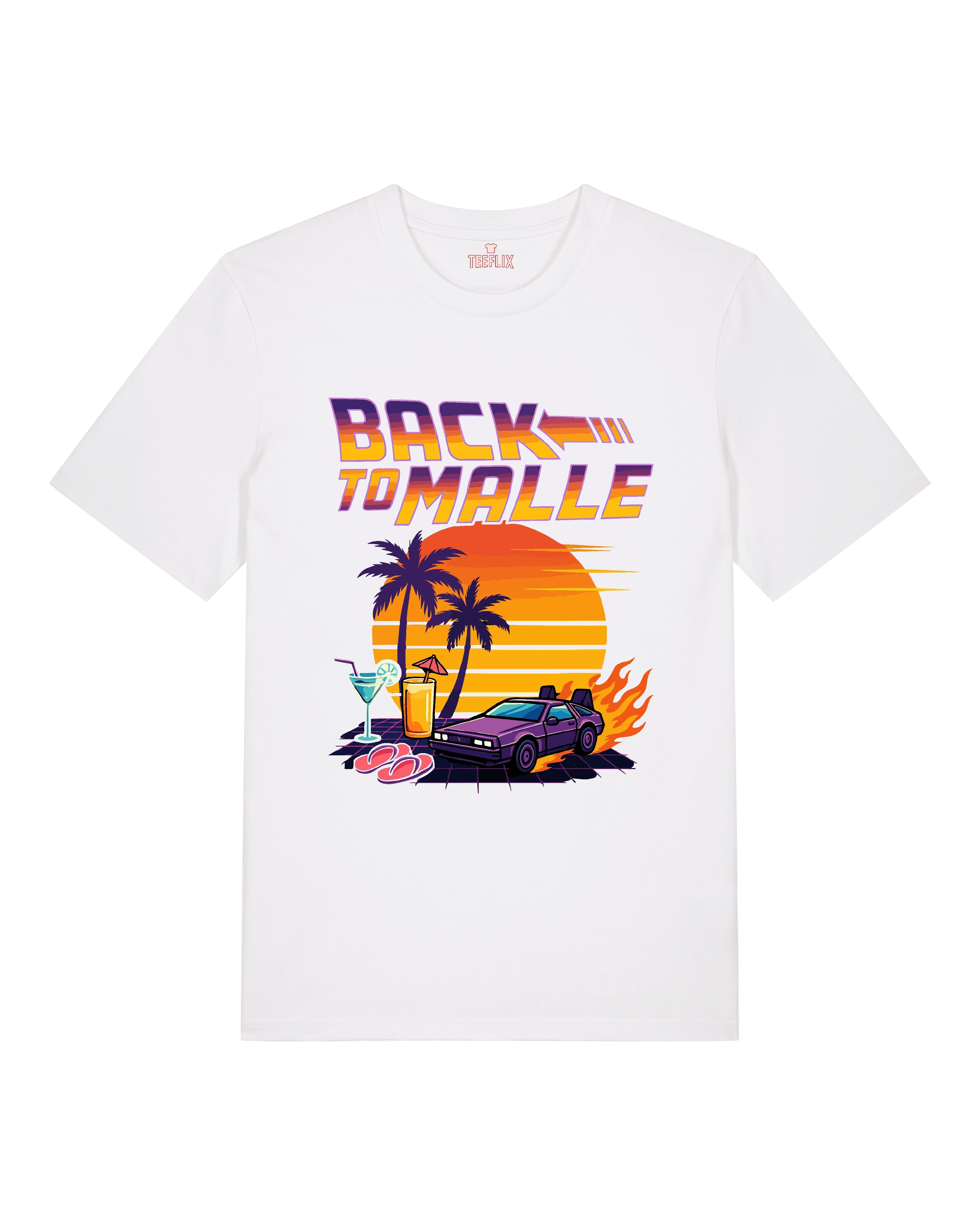 Retro T-Shirt mit Sonnenuntergang, DeLorean, Palmen und Cocktails – Motiv „Back to Malle“.