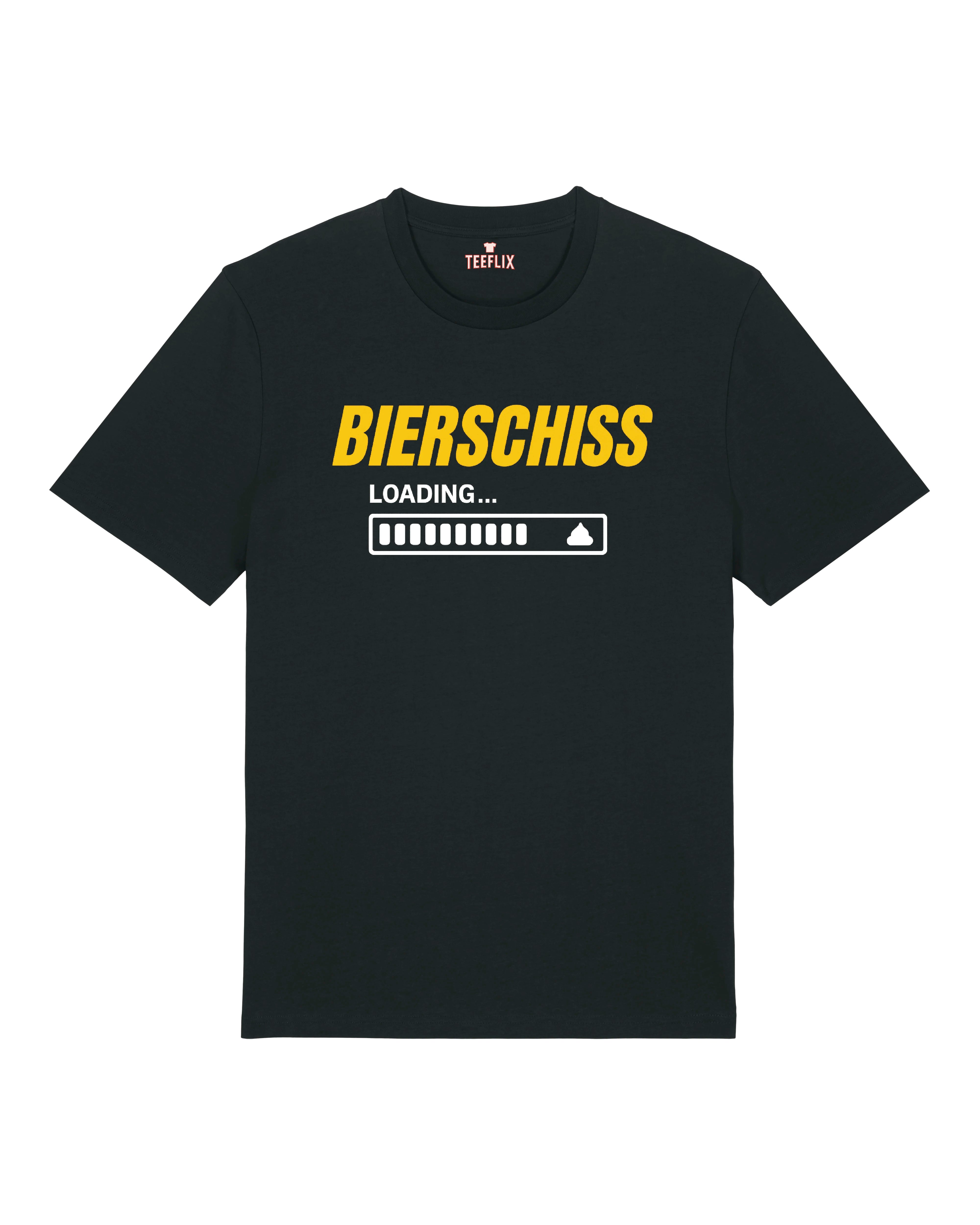 Lustiges T-Shirt mit dem Aufdruck "BIERSCHISS LOADING...". Darunter befindet sich ein Ladebalken mit einem kleinen Kothaufen-Icon am Ende. Das Design ist in Gelb und Schwarz gehalten und humorvoll auf das Thema Alkohol und dessen Folgen bezogen. Erhältlich in Weiß, Schwarz und Grau.