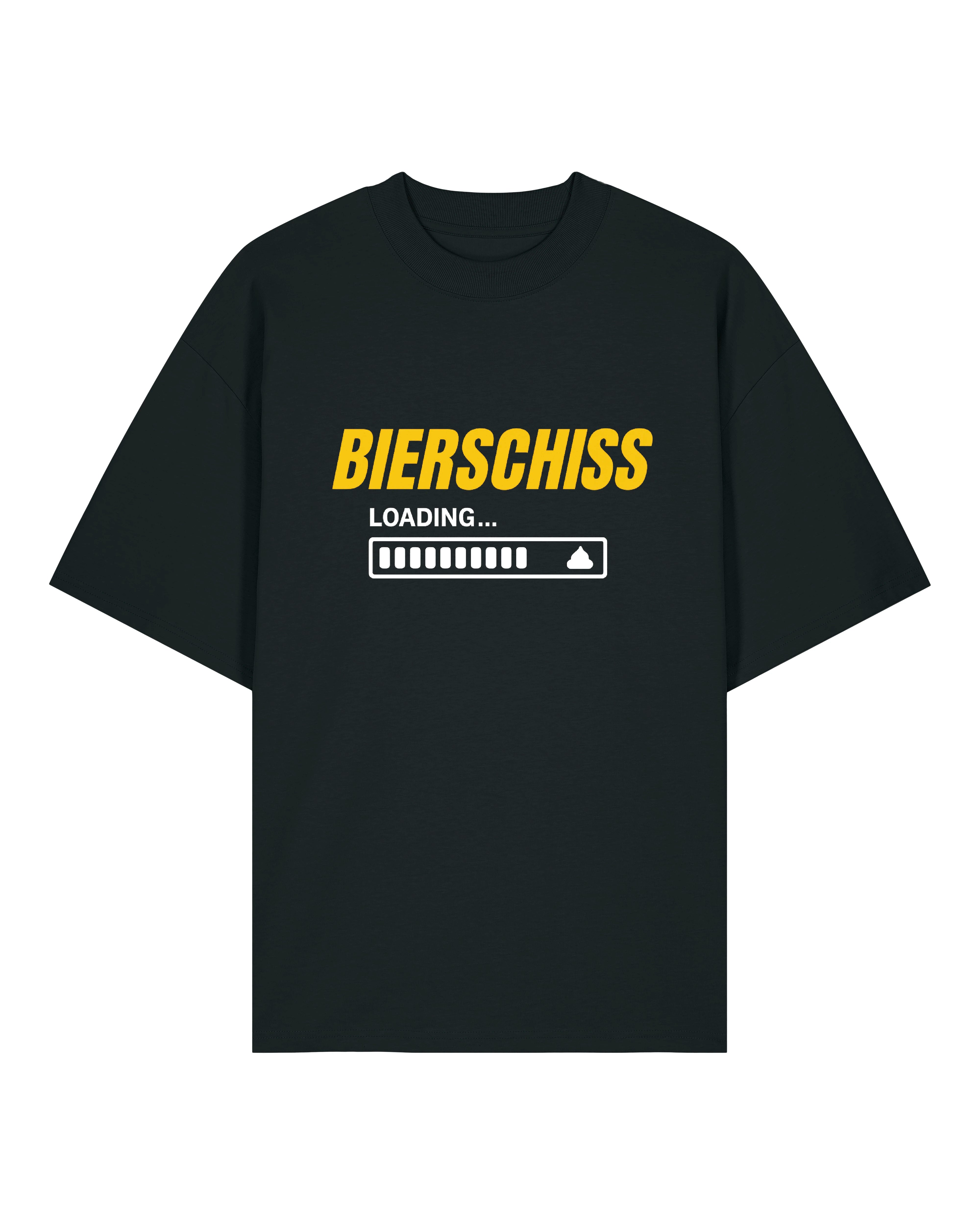 Lustiges T-Shirt mit dem Aufdruck "BIERSCHISS LOADING...". Darunter befindet sich ein Ladebalken mit einem kleinen Kothaufen-Icon am Ende. Das Design ist in Gelb und Schwarz gehalten und humorvoll auf das Thema Alkohol und dessen Folgen bezogen. Erhältlich in Weiß, Schwarz und Grau.