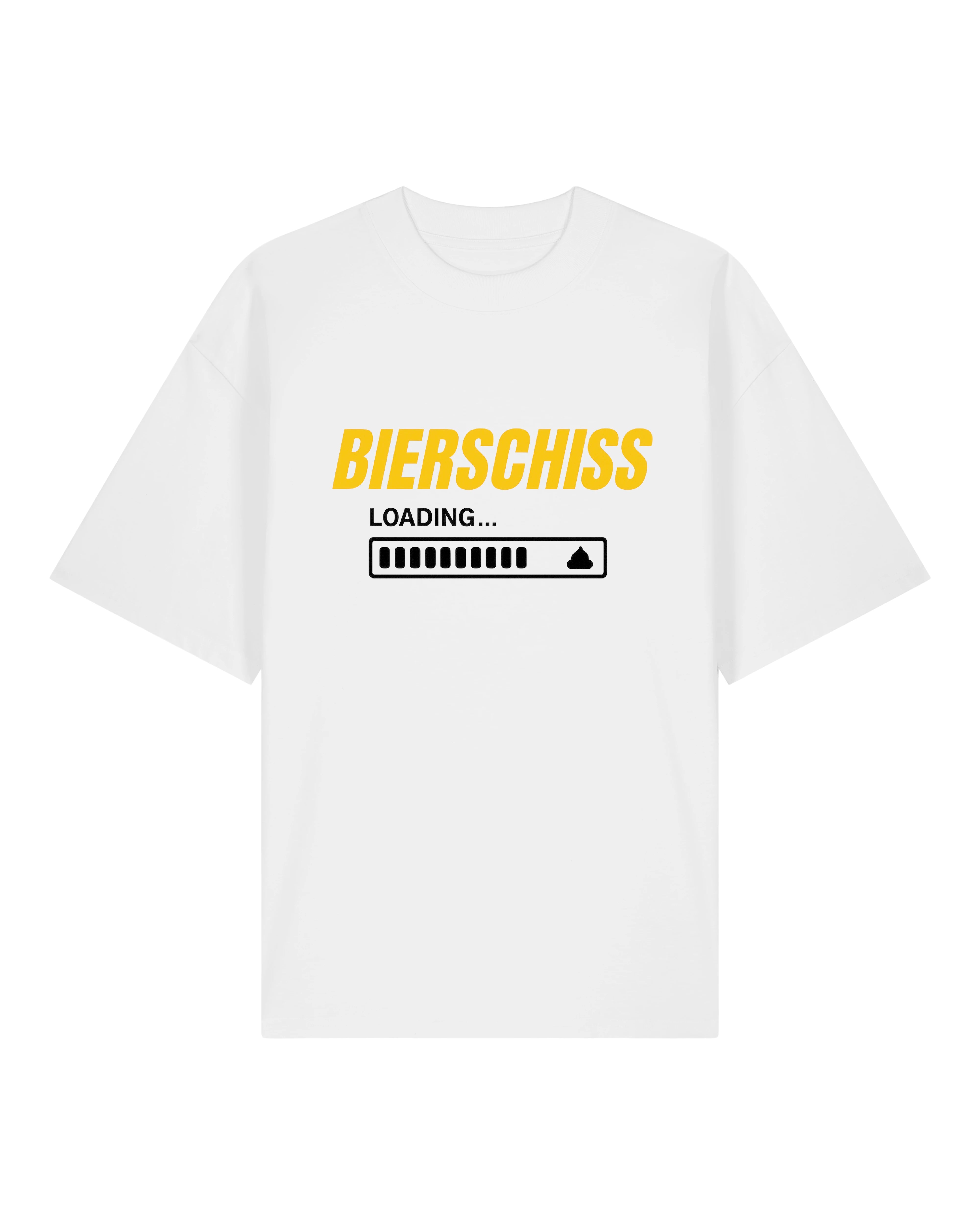 Lustiges T-Shirt mit dem Aufdruck "BIERSCHISS LOADING...". Darunter befindet sich ein Ladebalken mit einem kleinen Kothaufen-Icon am Ende. Das Design ist in Gelb und Schwarz gehalten und humorvoll auf das Thema Alkohol und dessen Folgen bezogen. Erhältlich in Weiß, Schwarz und Grau.