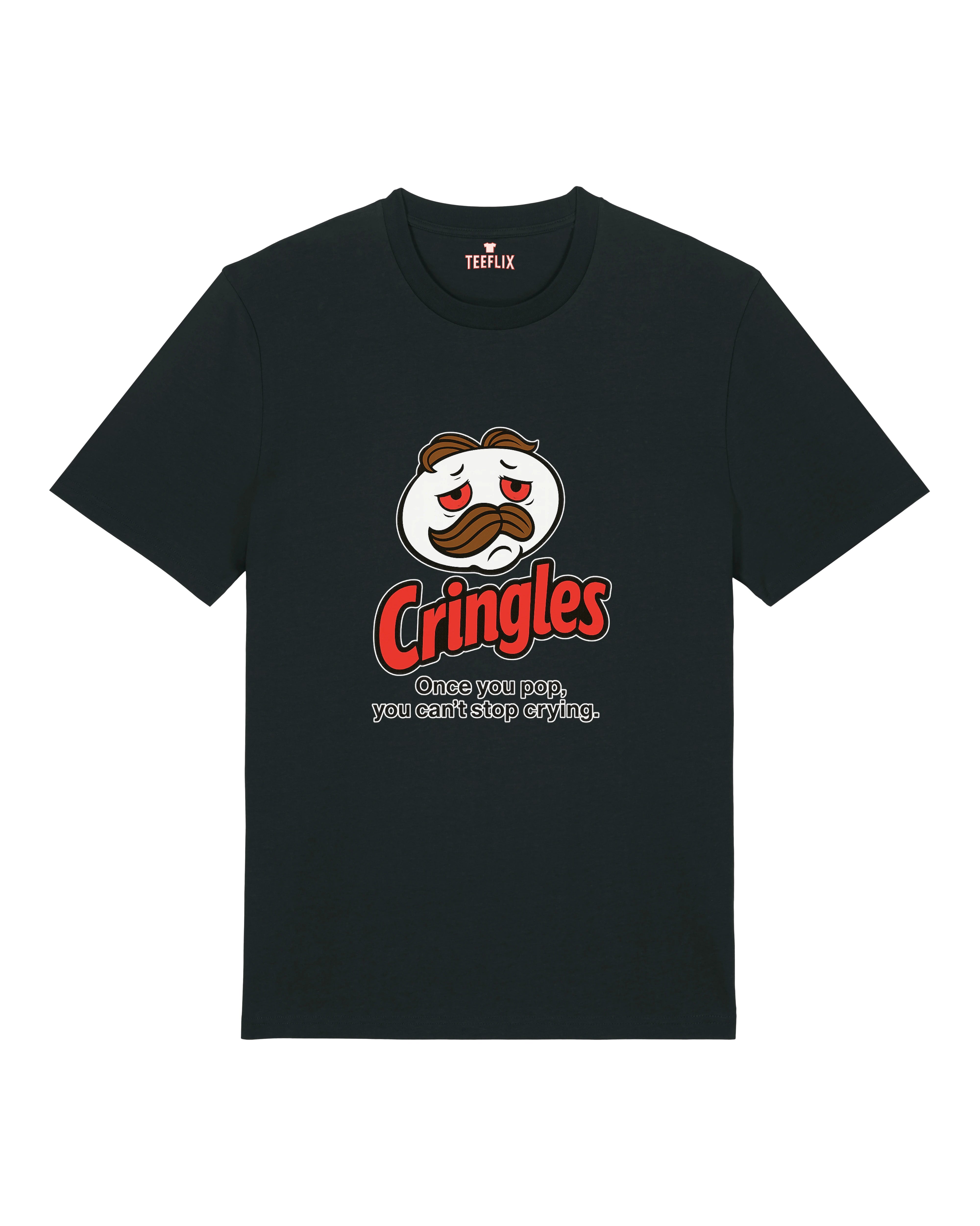 cringles T-Shirt in Schwarz mit Spruch „Once you pop, you can’t stop crying“