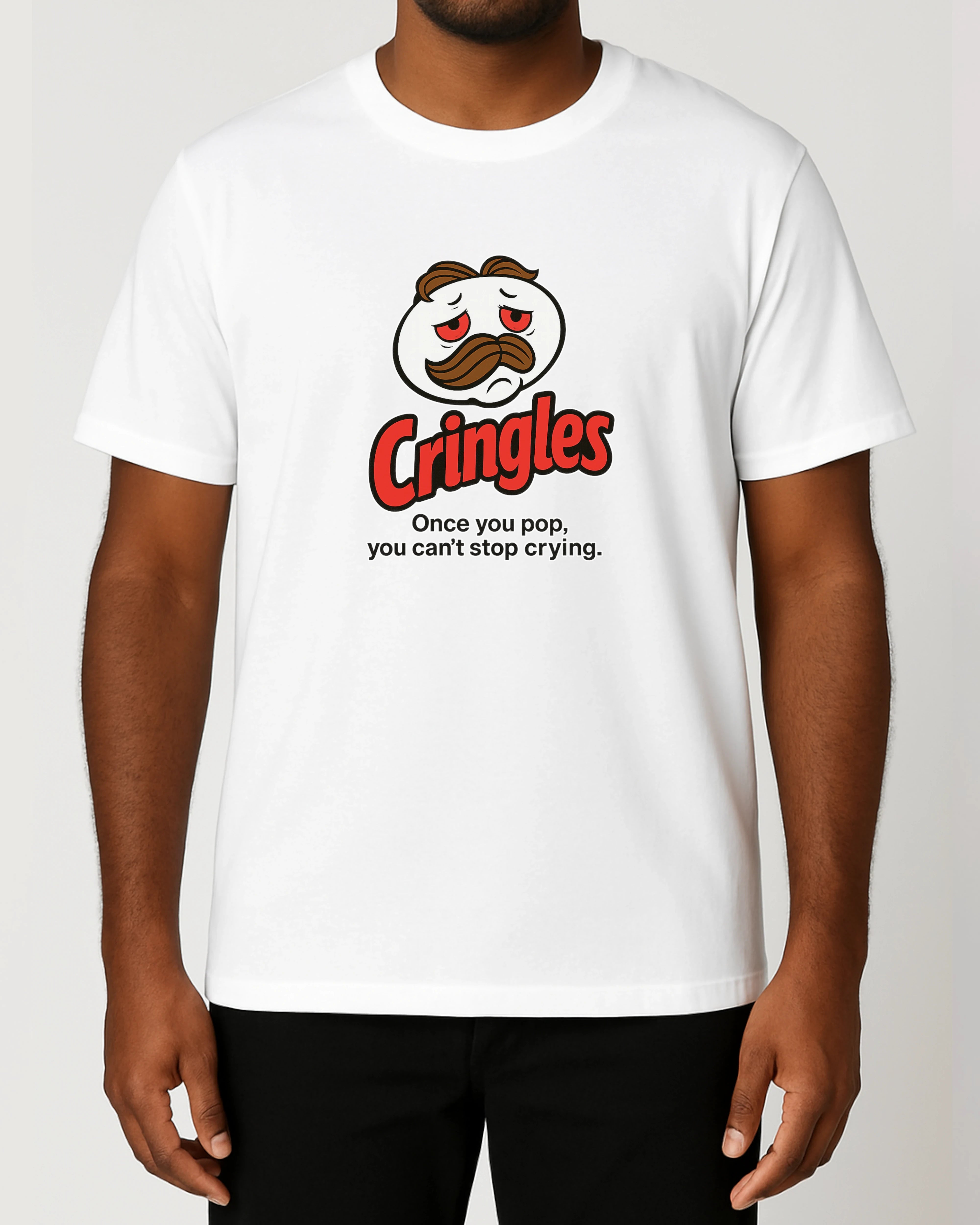 cringles T-Shirt in Weiß mit Spruch „Once you pop, you can’t stop crying“