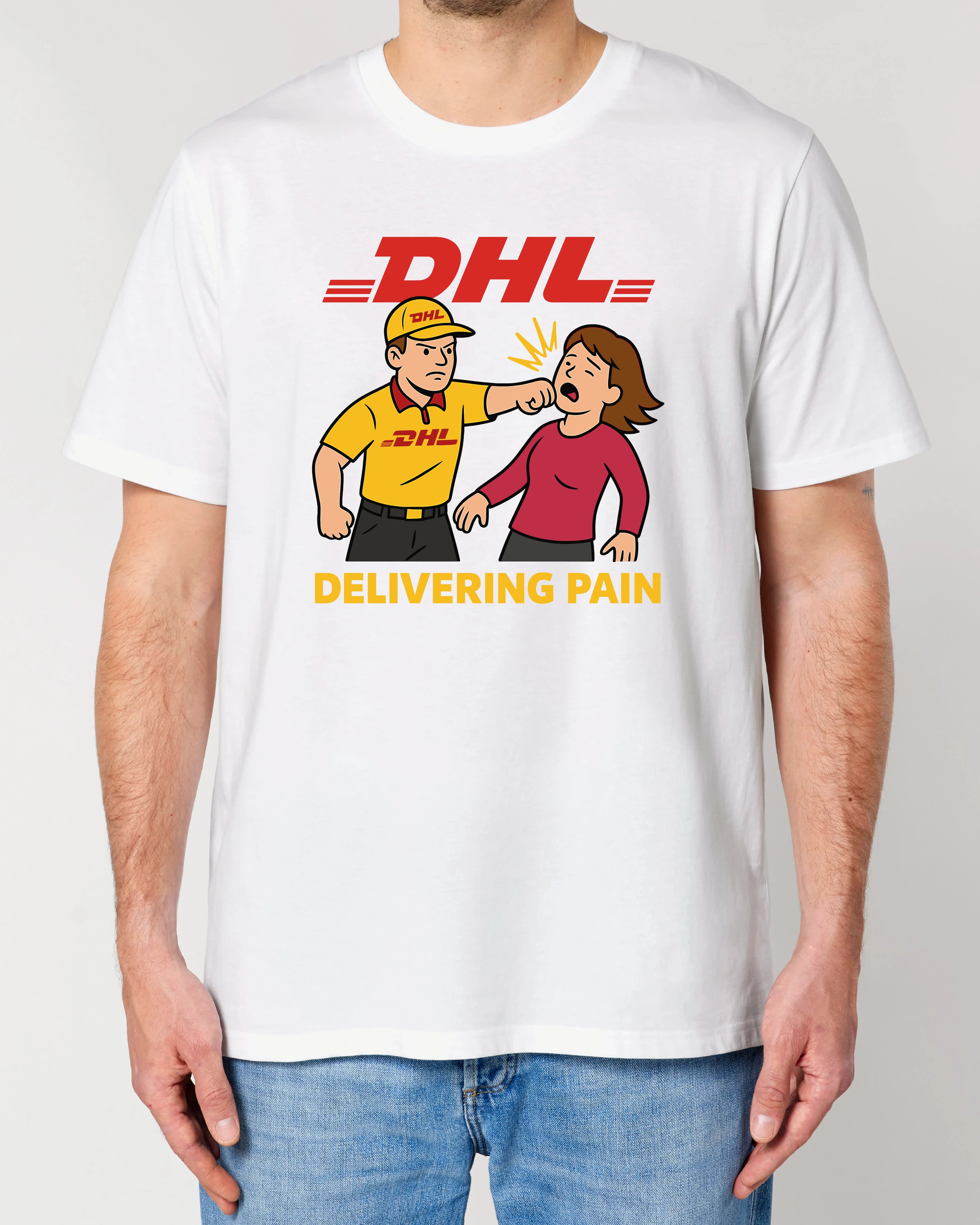 Satire Shirt DHL Delivering Pain Weiß – Lustiges Parodie T-Shirt