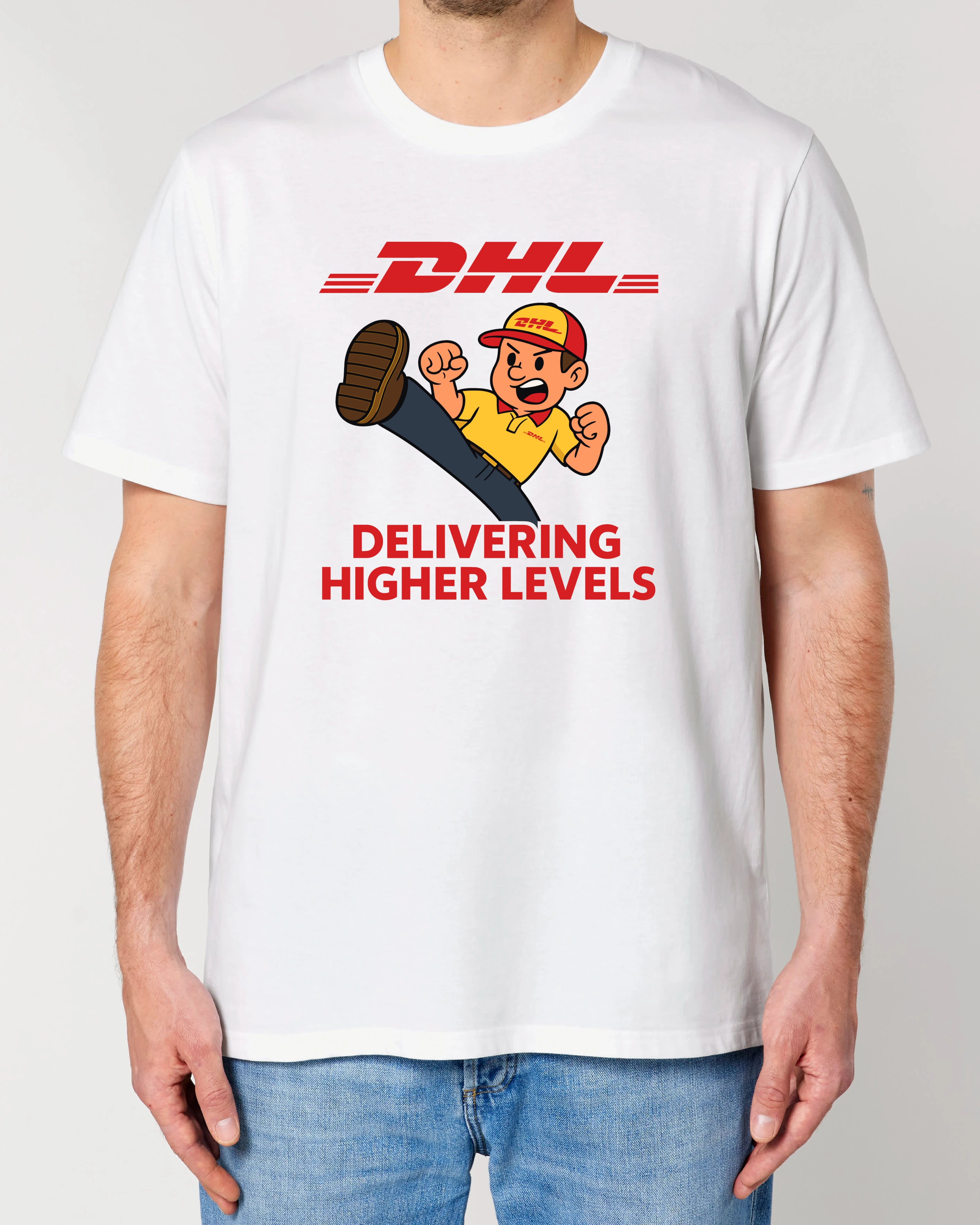 Lustiges Shirt DHL Parodie Higher Levels Weiß – Statement T-Shirt mit Comic Motiv