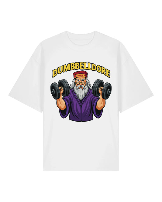 Lustiges Oversized Gym Shirt in Weiß – Dumbbelldore Motiv – Teeflix