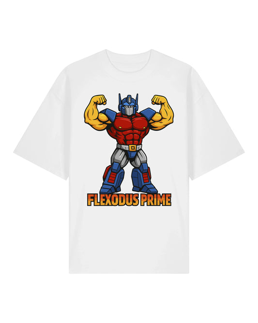 Flexodus Prime in Weiß – Gym Shirt mit Bodybuilder Transformer Design – Teeflix