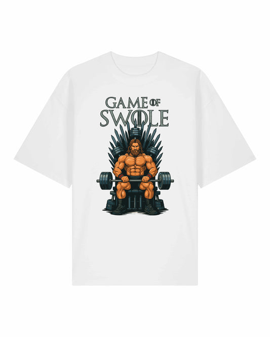 Teeflix Game of Swole Oversized Gym Shirt Weiß – Lustiges Pump Cover Fitness Shirt Unisex Bio-Baumwolle