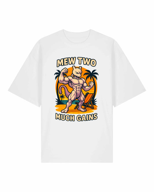 Oversized Gym Shirt „Mew Two Much Gains“ in Weiß – Lustiges Fitness T-Shirt von Teeflix aus 100% Bio-Baumwolle, Herren & Damen
