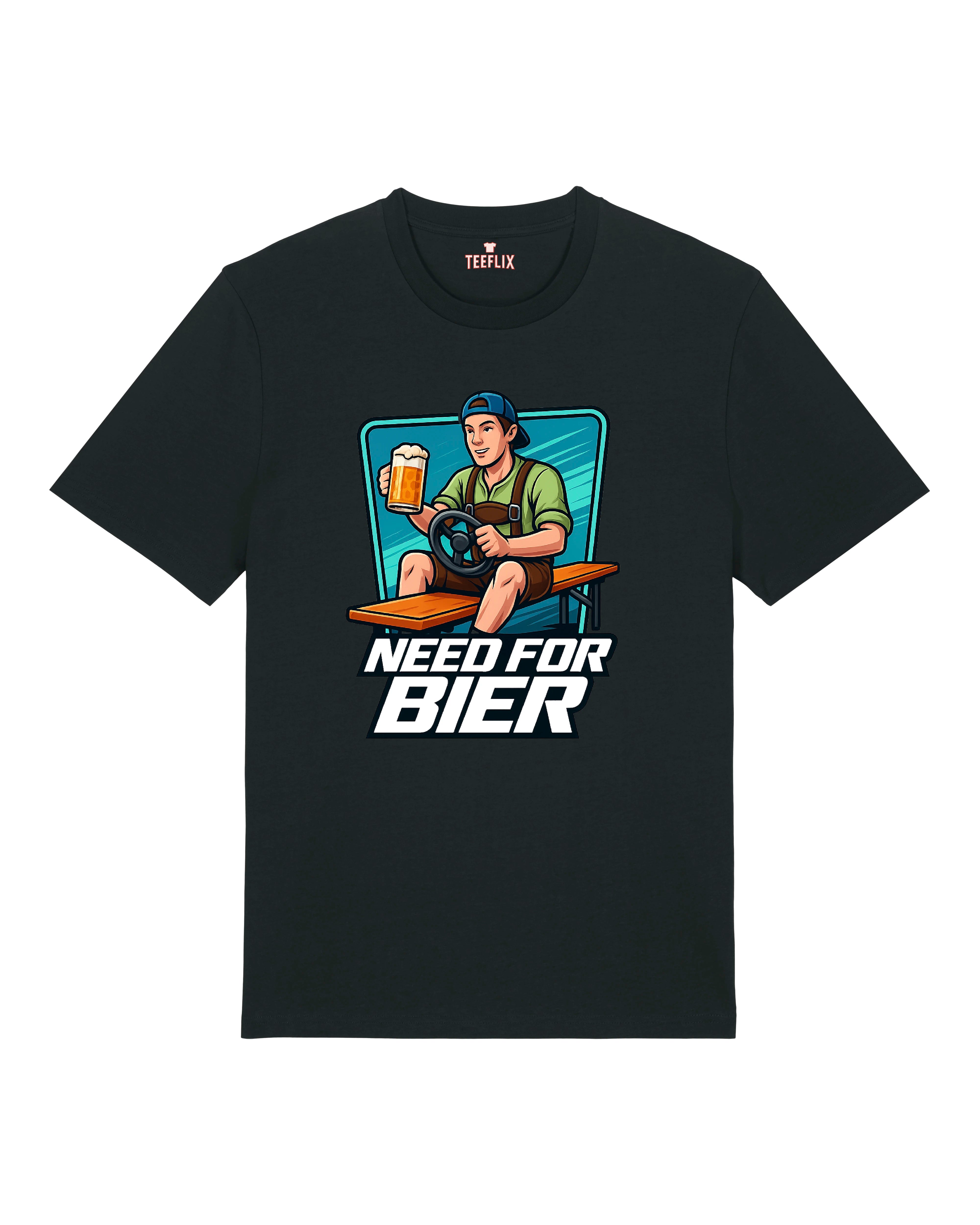 T-Shirt mit der Aufschrift „Need for Bier“, darauf ein junger Mann in Trachtenhemd und kurzer Hose, der auf einer Bierbank sitzt, ein Lenkrad in der einen und ein Bierkrug in der anderen Hand hält. Der Hintergrund zeigt einen stilisierten Gaming-Rahmen. Design in Comic-Stil, erhältlich in Schwarz, Weiß und Grau.