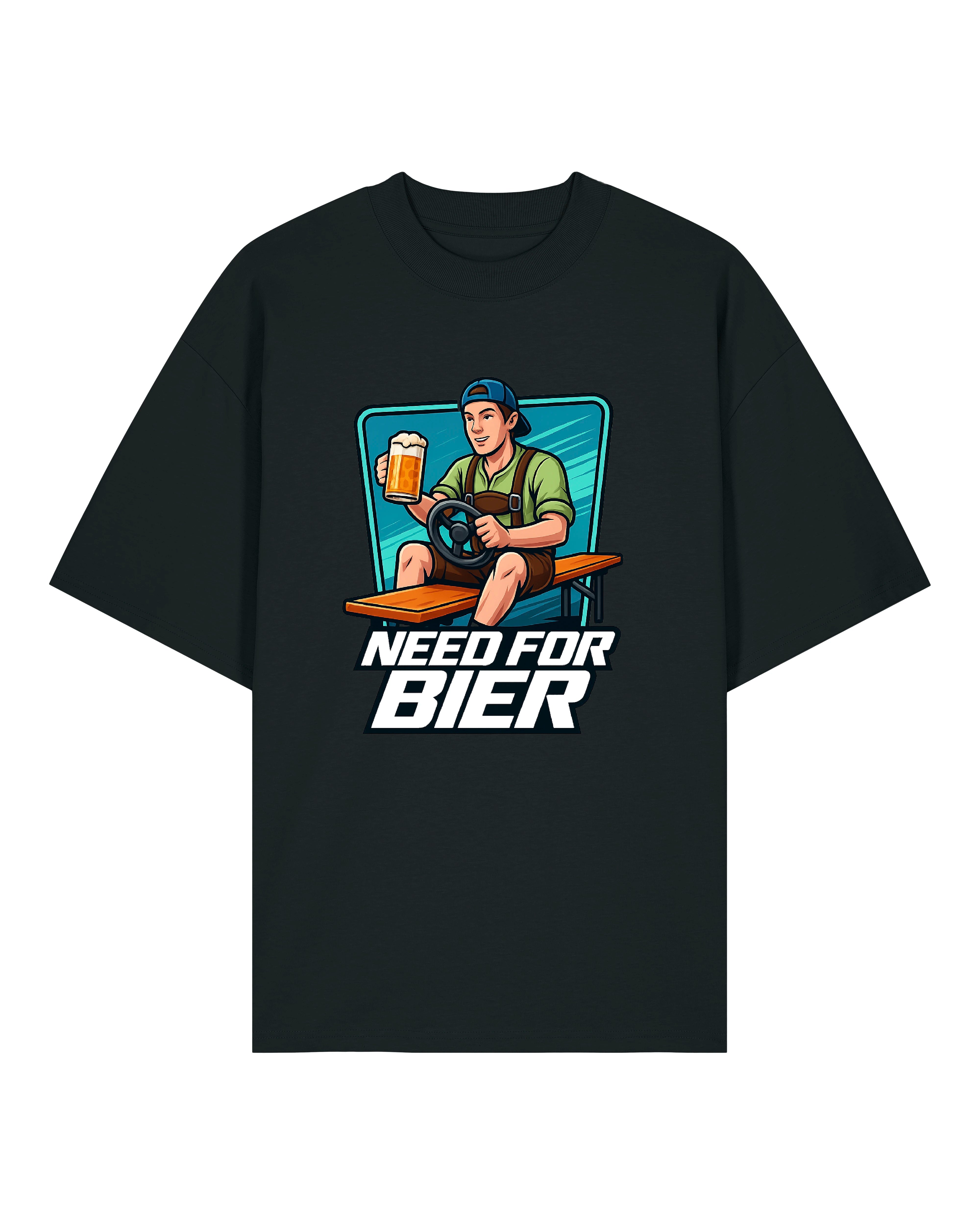 T-Shirt mit der Aufschrift „Need for Bier“, darauf ein junger Mann in Trachtenhemd und kurzer Hose, der auf einer Bierbank sitzt, ein Lenkrad in der einen und ein Bierkrug in der anderen Hand hält. Der Hintergrund zeigt einen stilisierten Gaming-Rahmen. Design in Comic-Stil, erhältlich in Schwarz, Weiß und Grau.