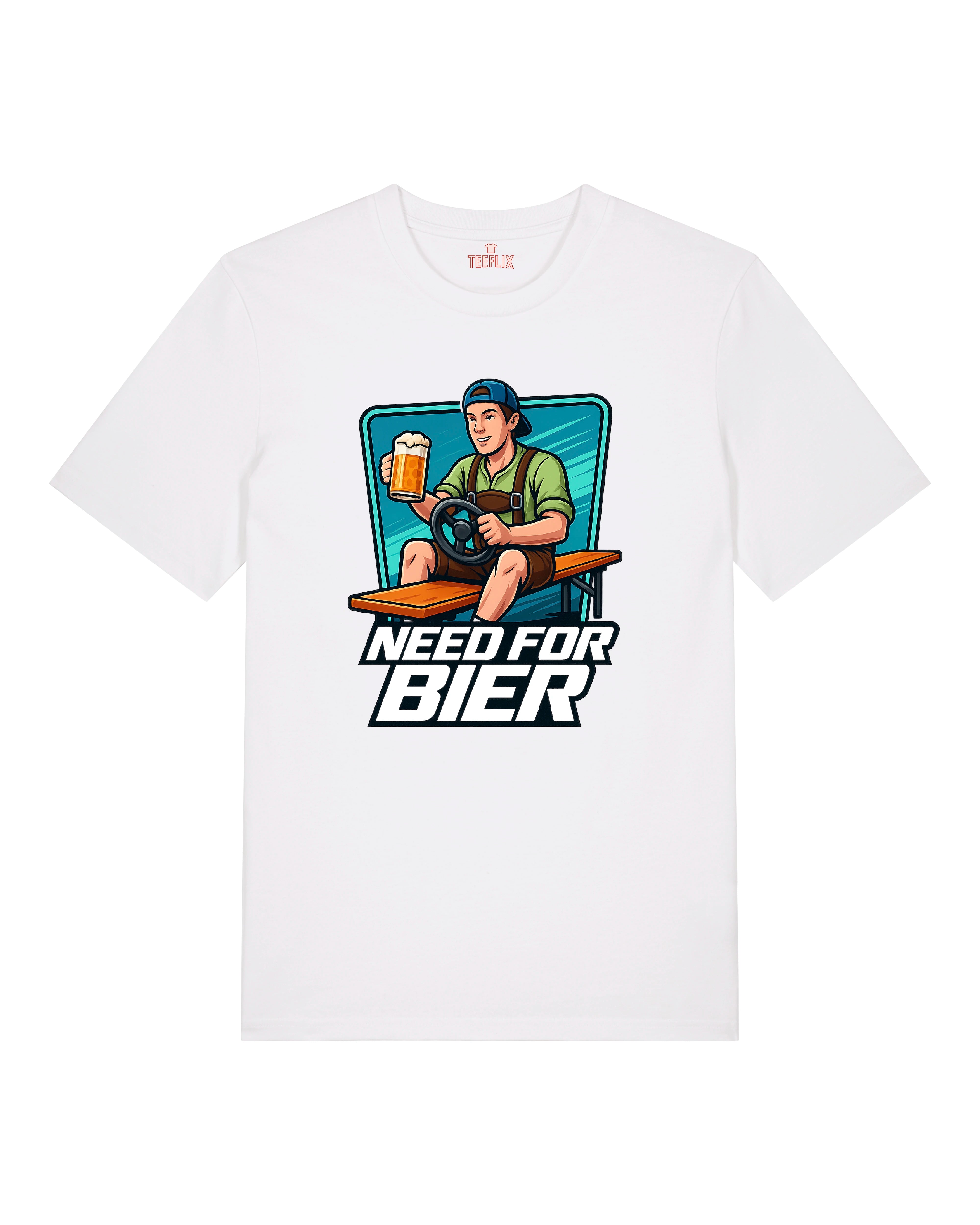T-Shirt mit der Aufschrift „Need for Bier“, darauf ein junger Mann in Trachtenhemd und kurzer Hose, der auf einer Bierbank sitzt, ein Lenkrad in der einen und ein Bierkrug in der anderen Hand hält. Der Hintergrund zeigt einen stilisierten Gaming-Rahmen. Design in Comic-Stil, erhältlich in Schwarz, Weiß und Grau.
