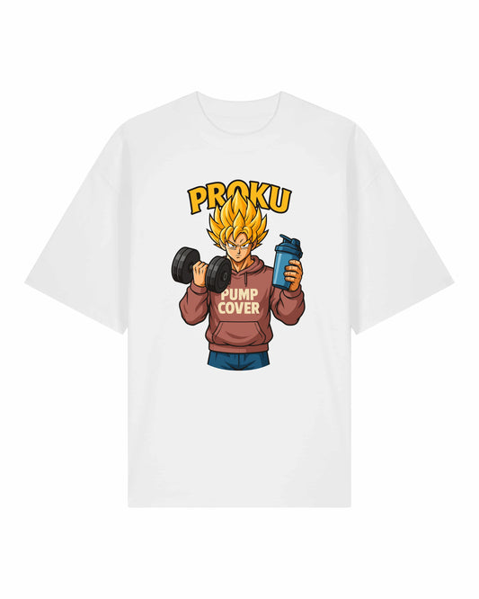 Proku Pump Cover Shirt Weiß – Lustiges Fitness Oversized T-Shirt von Teeflix