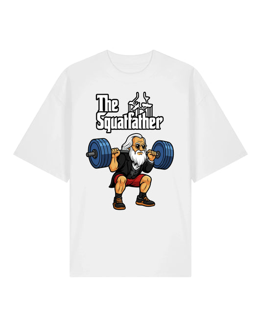 Legday T-Shirt mit Squatfather-Motiv in Weiß – Gym Humor von Teeflix