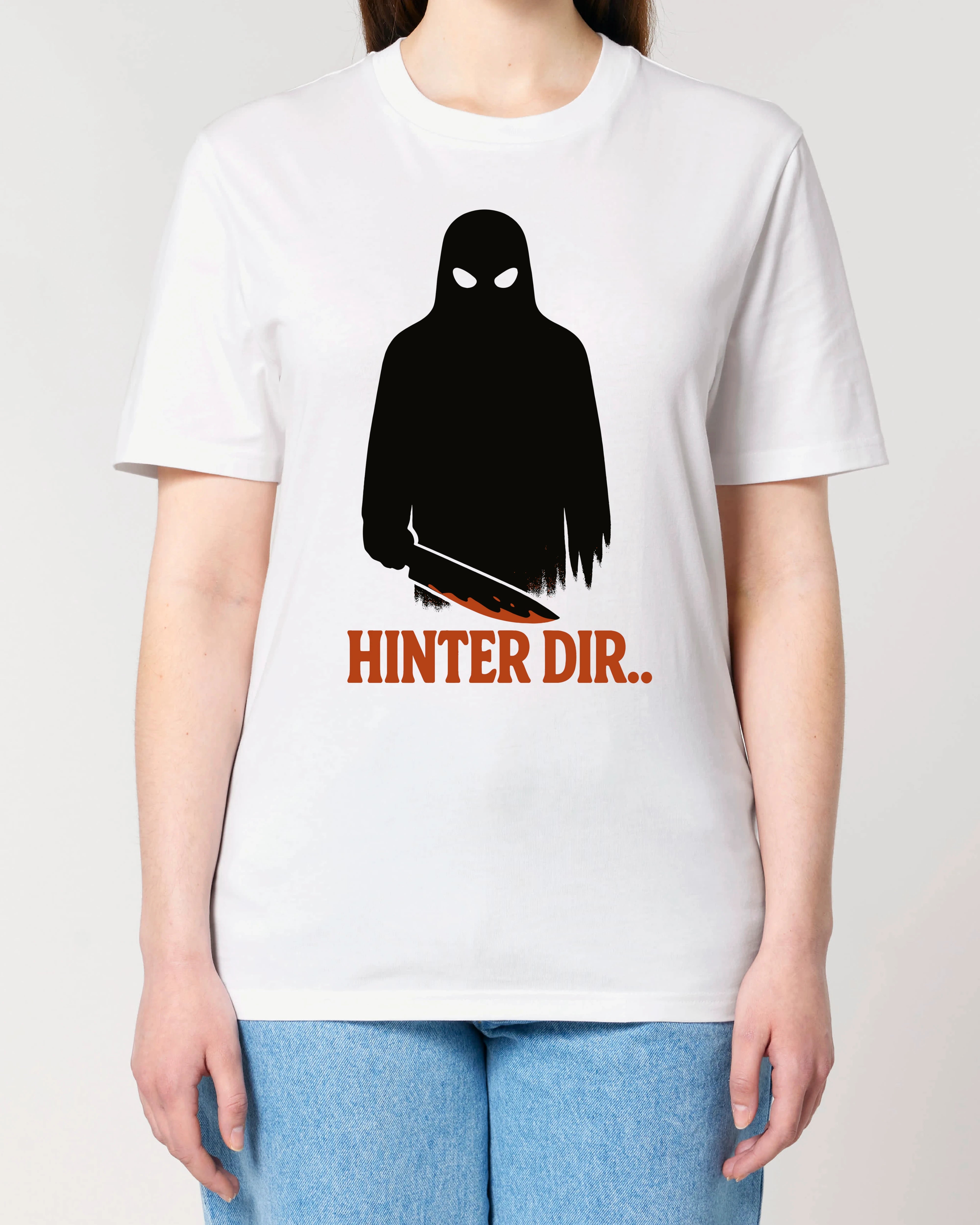 Weißes Horror Shirt für Damen von Teeflix mit Schattenfigur und Spruch "Hinter dir.."