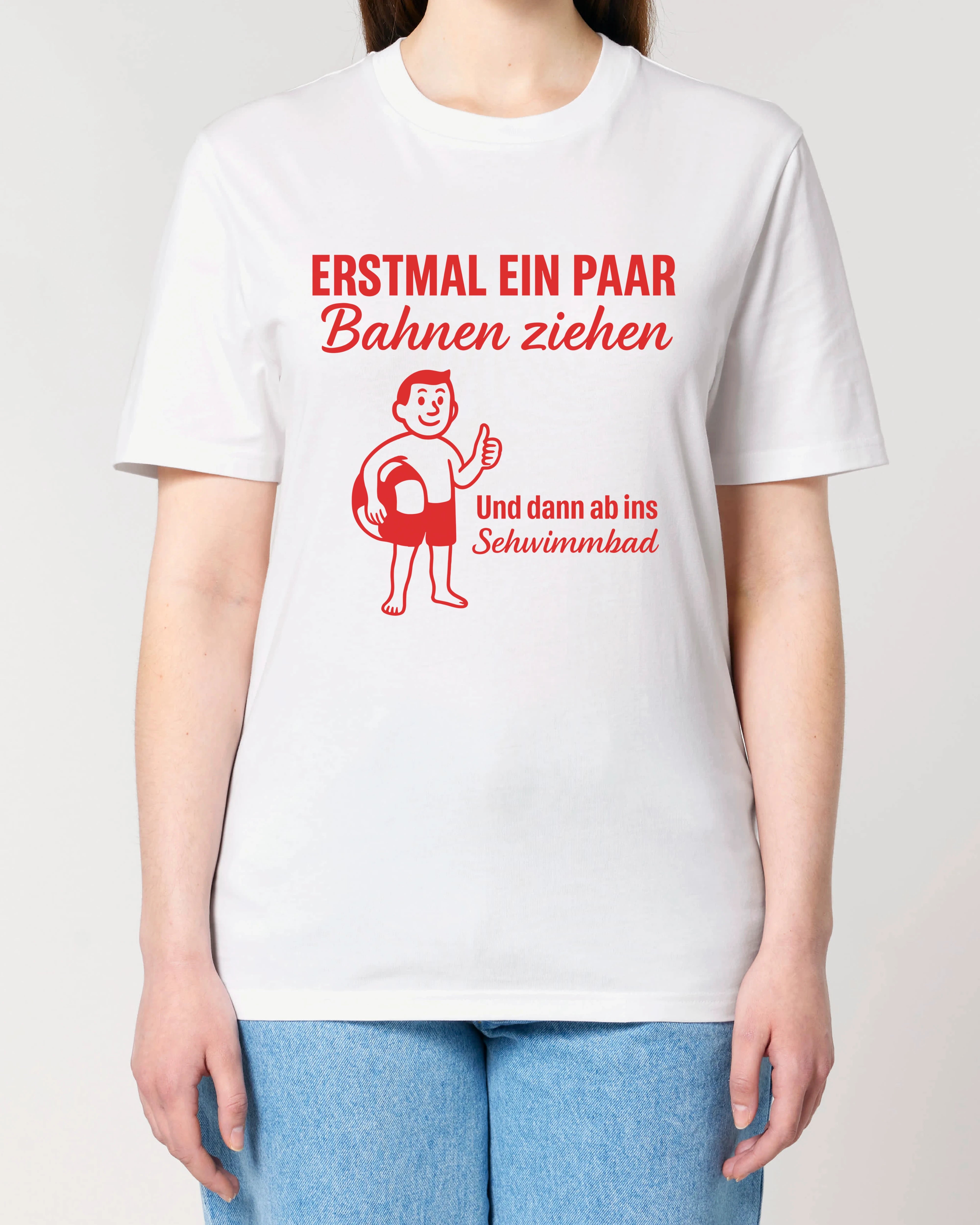 Teeflix Fun Shirt für Damen – Weißes T-Shirt mit Spruch „Erstmal ein paar Bahnen ziehen“, humorvolles Statementshirt aus Bio-Baumwolle, Unisex Schnitt