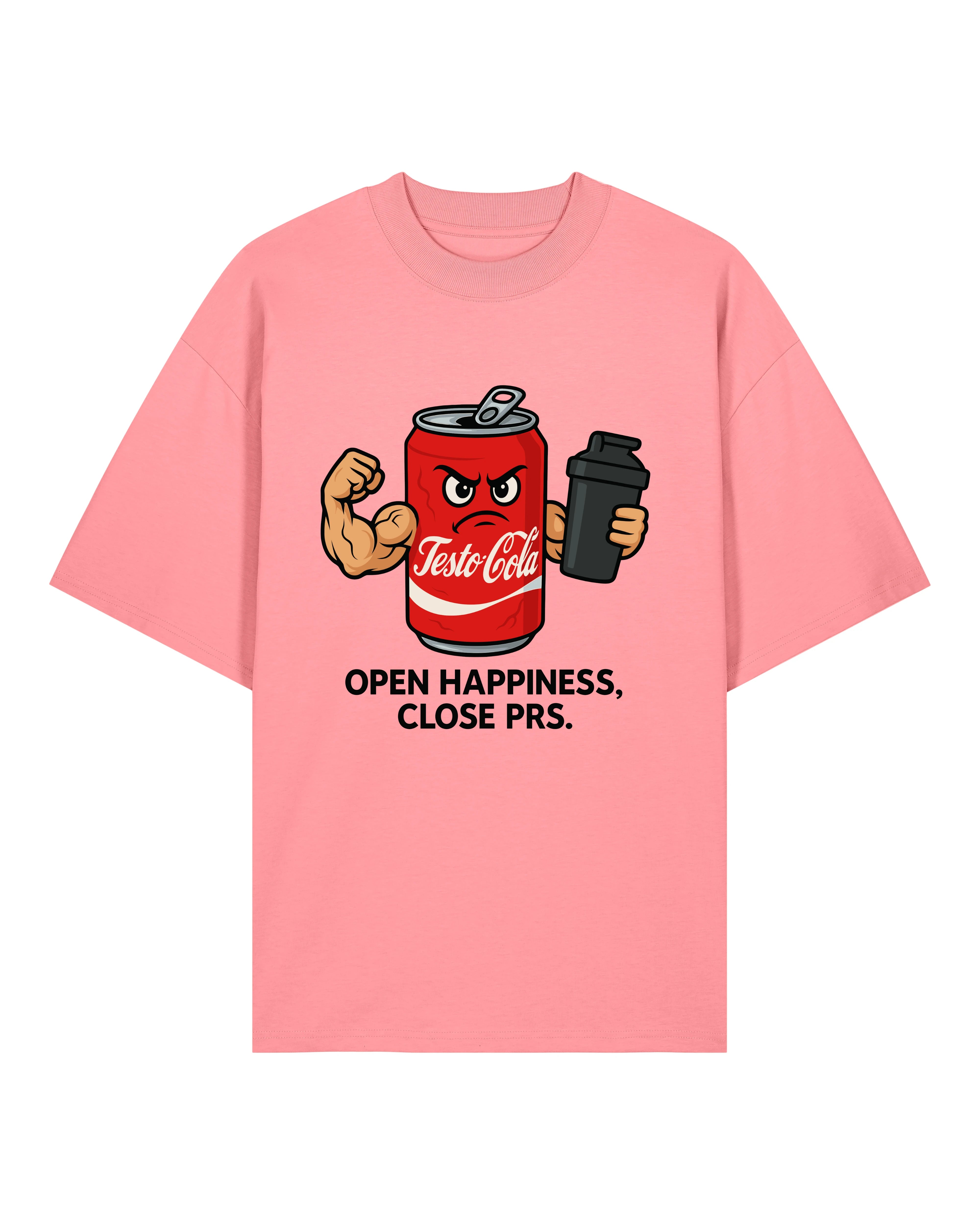 Testo Cola Oversize Pumpcover Shirt in Pink – Funny Gymwear mit ikonischem Testo-Cola Motiv