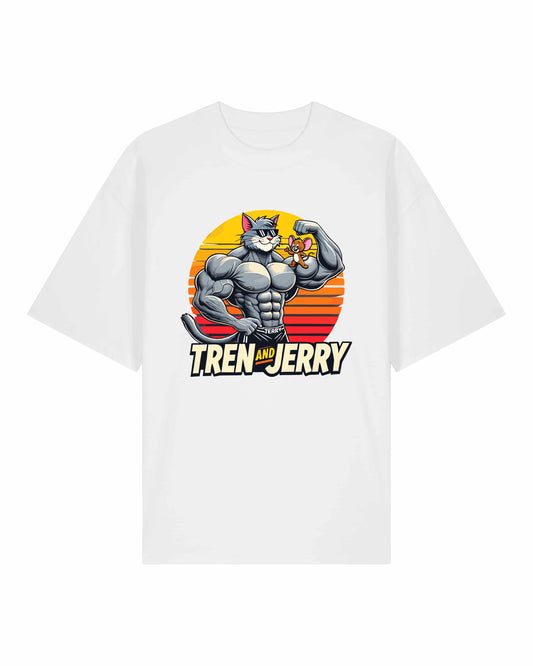 Tren and Jerry Pump Cover Shirt in Weiß – Cartoon Pump Cover T-Shirt für Gym Fans