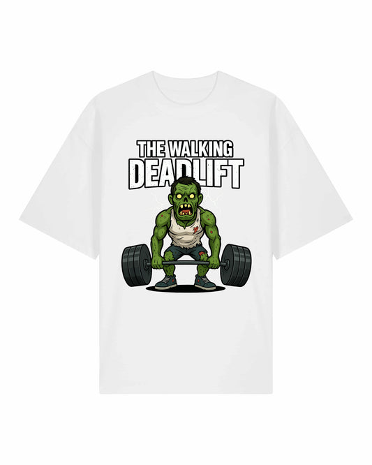 Oversized Gym Shirt „The Walking Deadlift“ in Weiß – Lustiges Pump Cover T-Shirt von Teeflix aus 100% Bio-Baumwolle, Fitness Fun Shirt