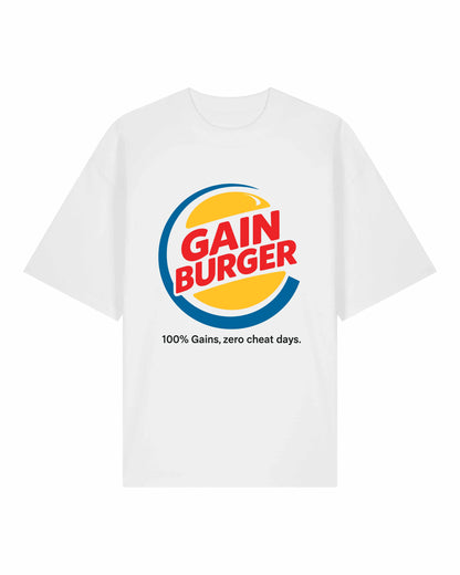 Gain Burger Shirt weiß Gym Pump Cover Bodybuilding Lustiges Fitnessshirt Cheat Day Zero Gains