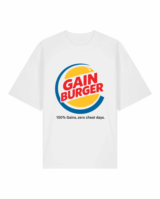 Gain Burger Shirt weiß Gym Pump Cover Bodybuilding Lustiges Fitnessshirt Cheat Day Zero Gains