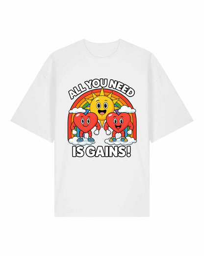 All You Need Is Gains Gym Shirt Oversized Weiß aus Bio-Baumwolle von Teeflix