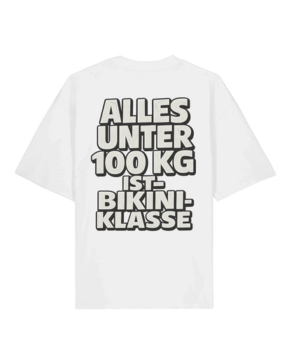 Oversized Gym Shirt Weiß mit Spruch Alles unter 100kg ist Bikiniklasse von Teeflix