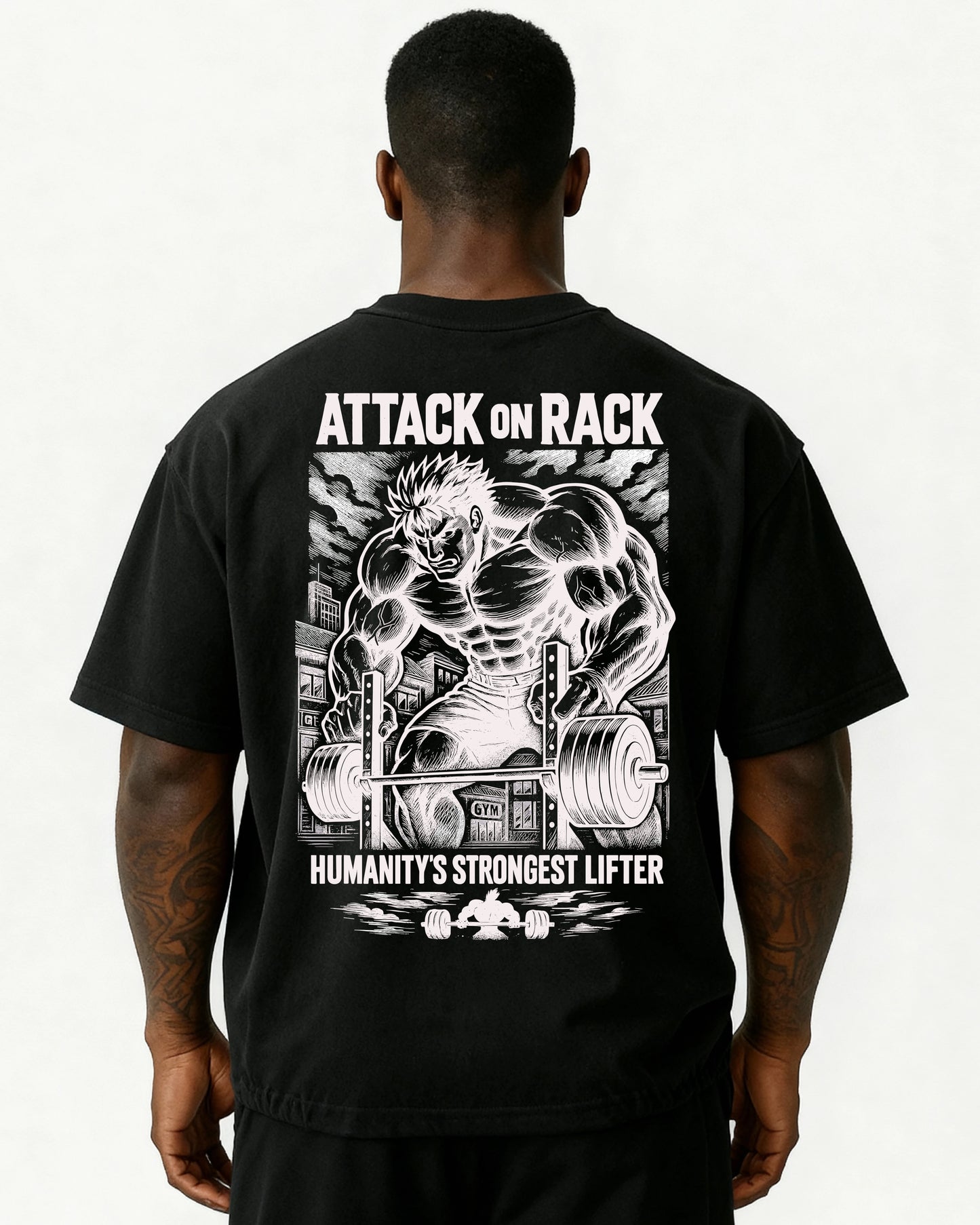 „Oversized Pumpcover T-Shirt Schwarz – Attack On Rack Rückendruck im Anime-Stil“