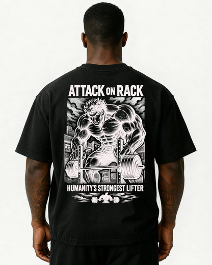 „Oversized Pumpcover T-Shirt Schwarz – Attack On Rack Rückendruck im Anime-Stil“
