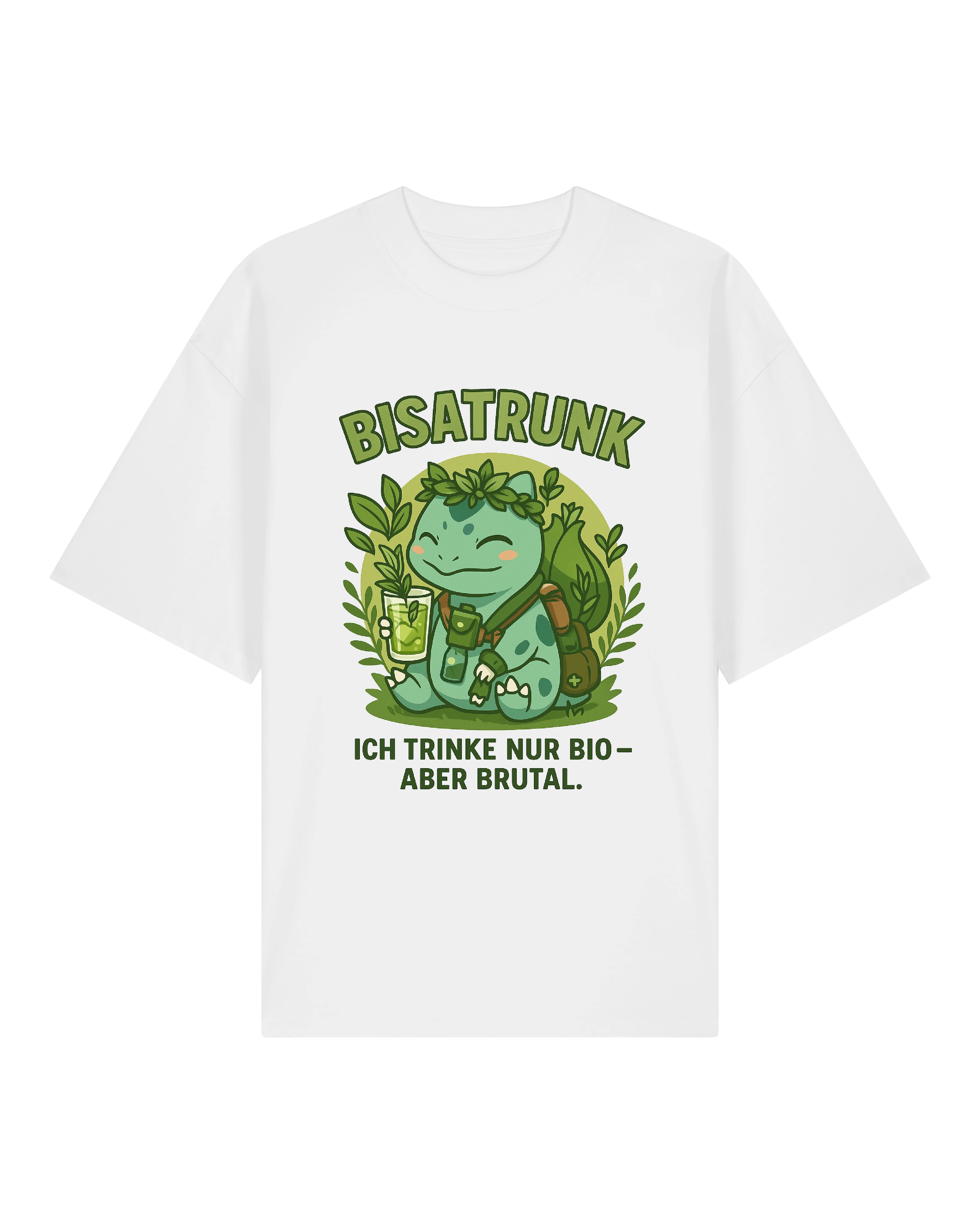 Bisatrunk T-Shirt in Weiß – entspanntes Pflanzenwesen mit Bio-Drink im grünen Festival-Look. Frisch, clean, öko-frech.