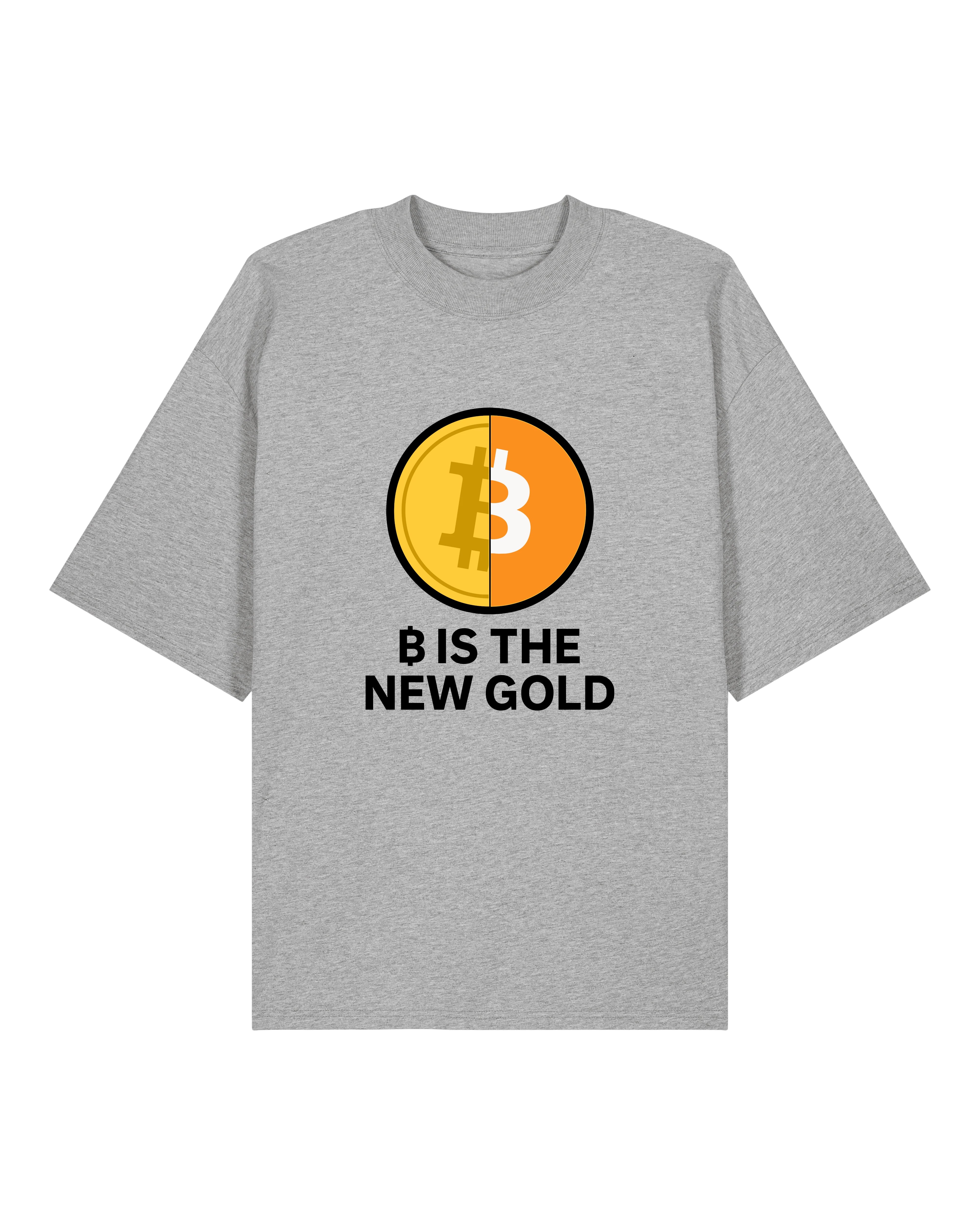 Oversized Shirt in Grau mit Bitcoin-Symbol halb Gold halb BTC – modernes Krypto Shirt von Teeflix