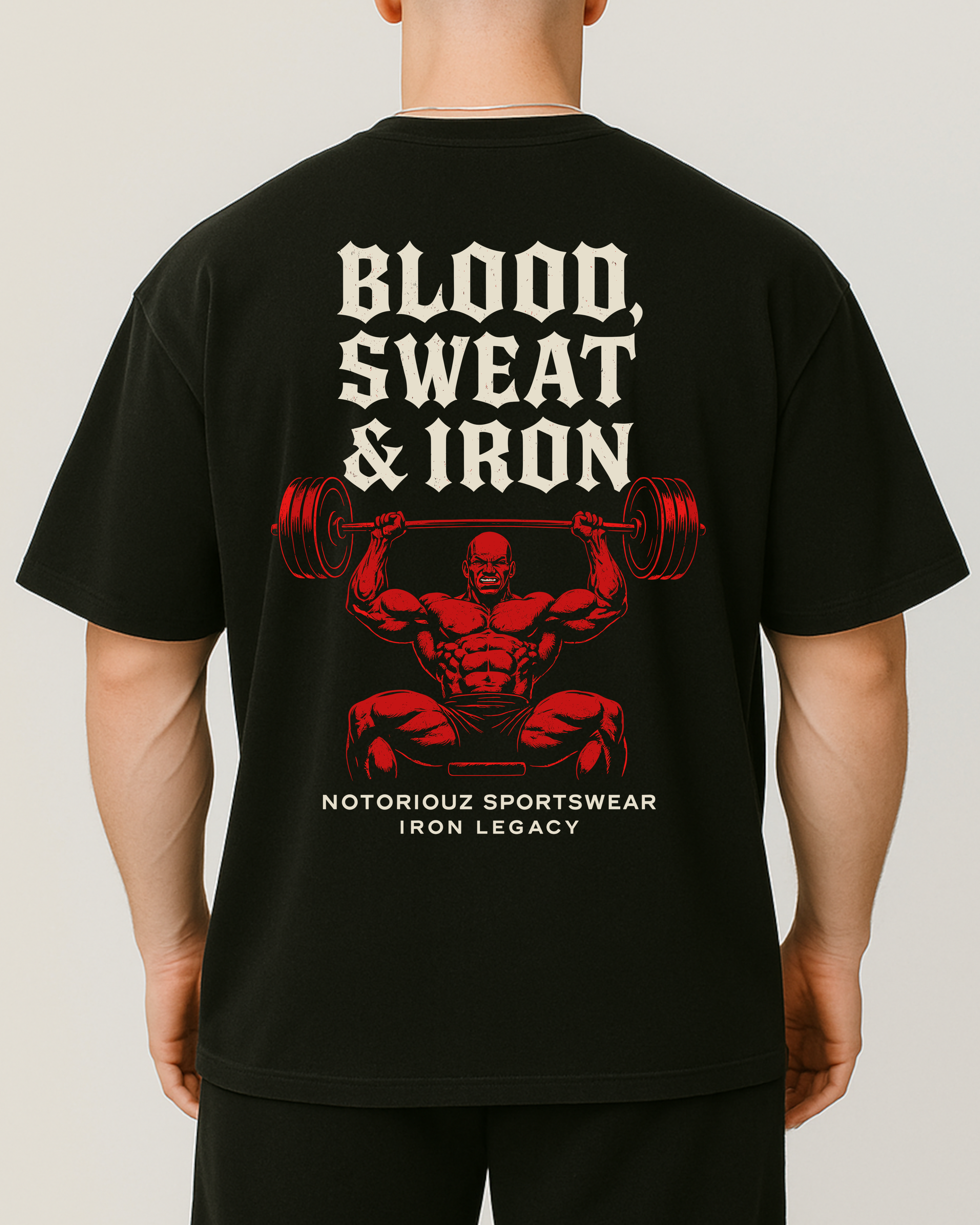 Blood Sweat & Iron Oversize Pumpcover Shirt Rückseite – Bodybuilding Shirt mit starkem Blood Sweat & Iron Print und Iron Legacy Design