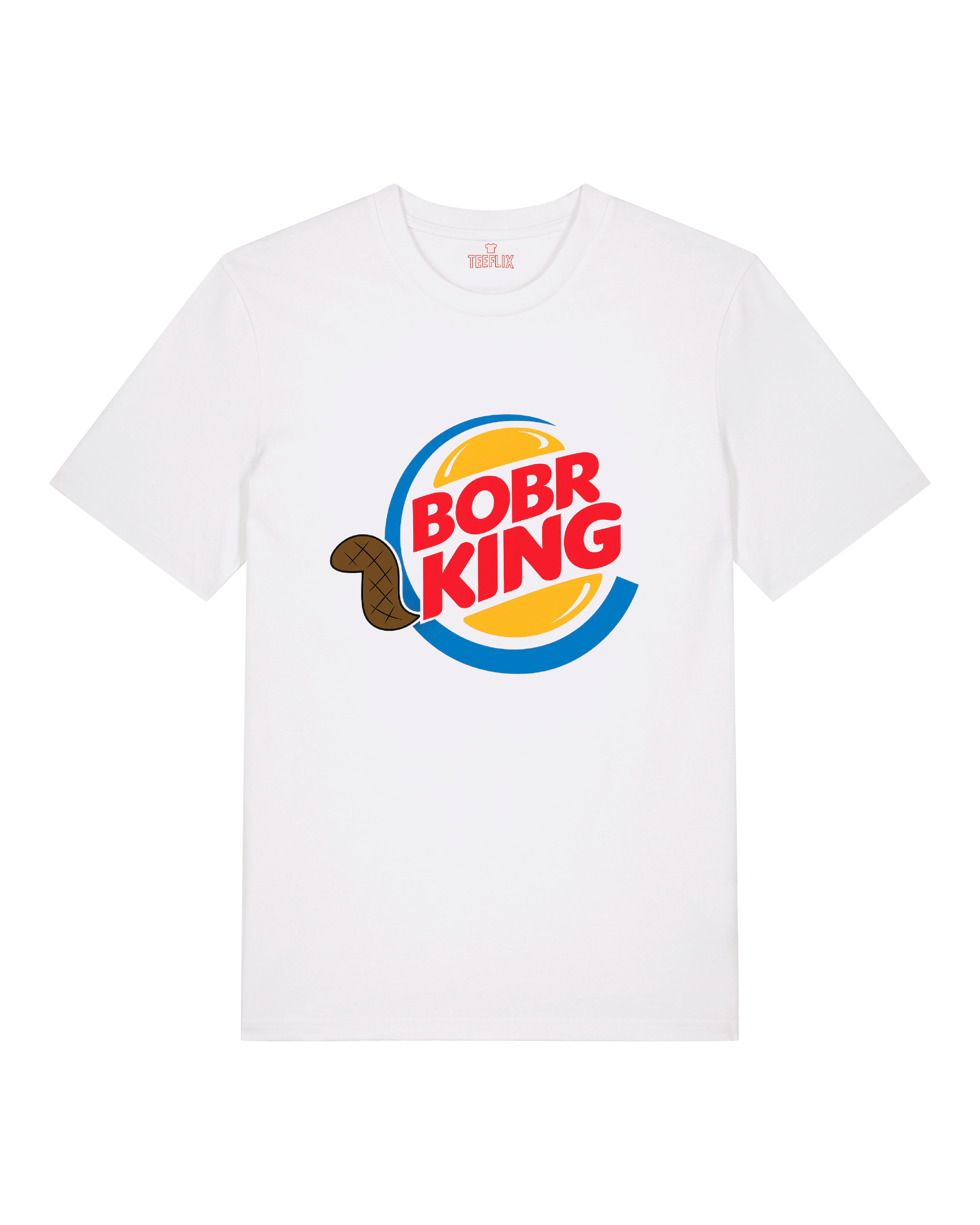 Weißes BOBR KING T-Shirt mit buntem Parodielogo & Biber
