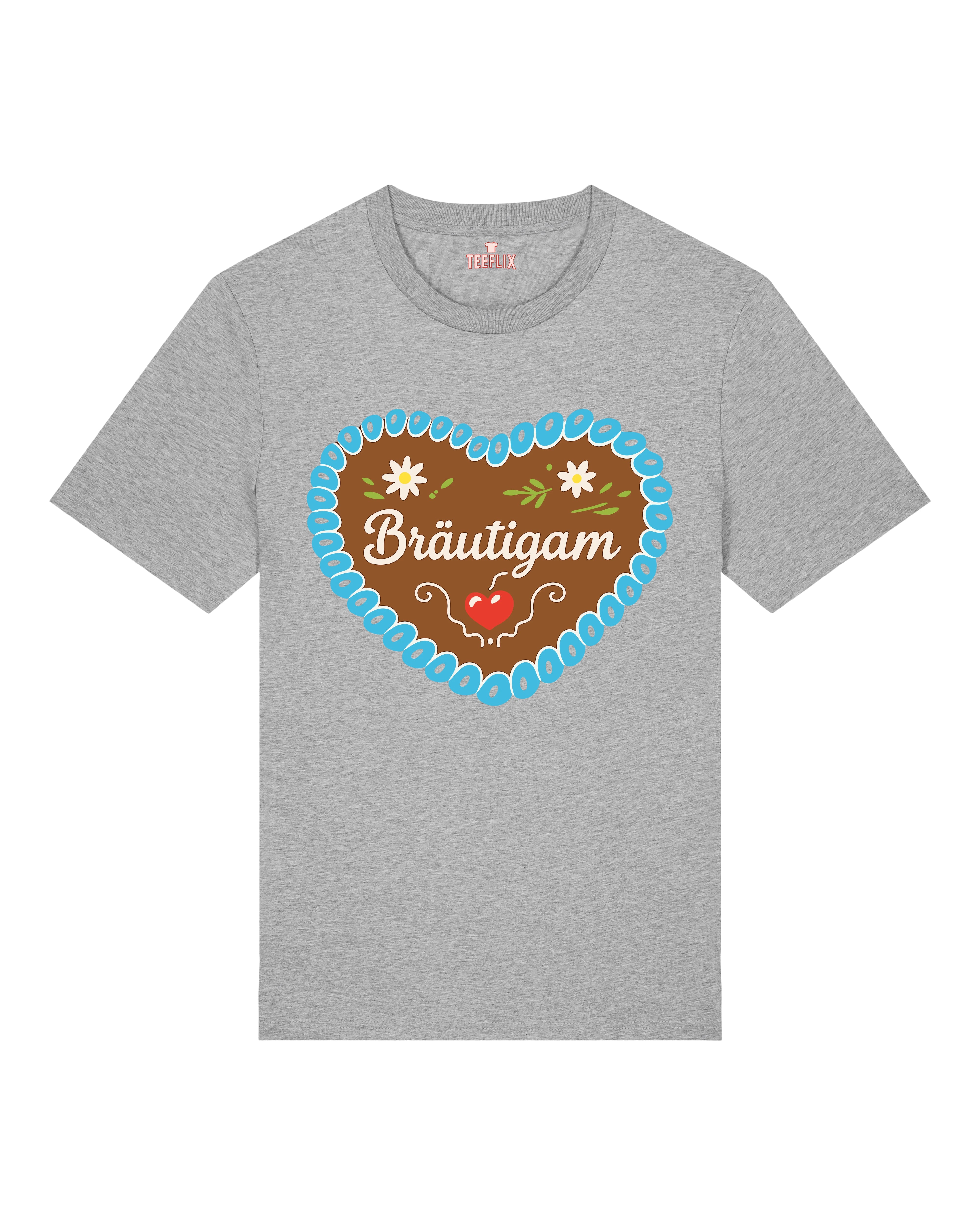 Teeflix Bräutigam JGA Shirt in Grau mit Lebkuchenherz Motiv, Unisex Normal, 100% Bio-Baumwolle