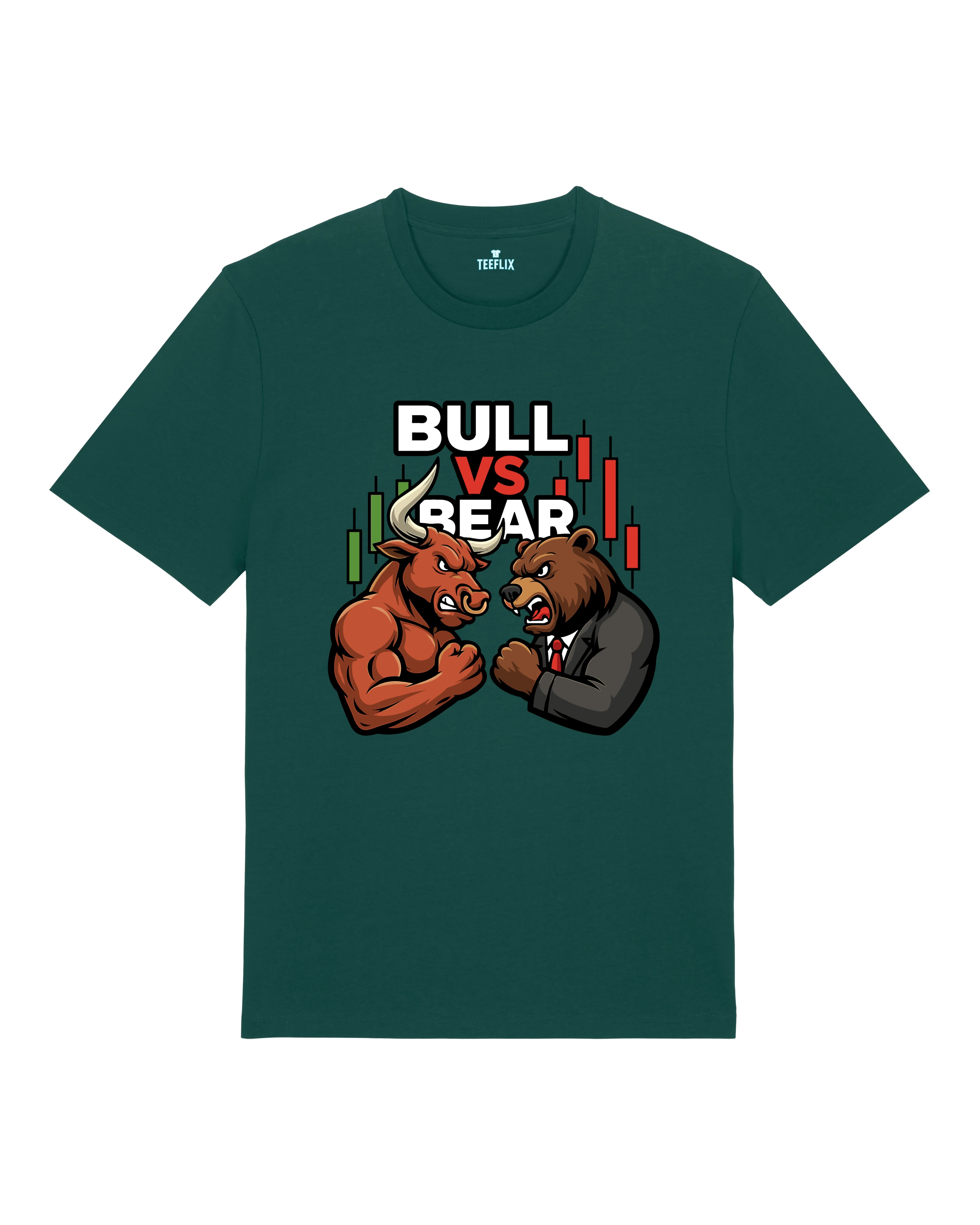 Bull vs Bear Trading Crypto Shirt Dunkelgrün – Lustiges Trading Meme Shirt von Teeflix