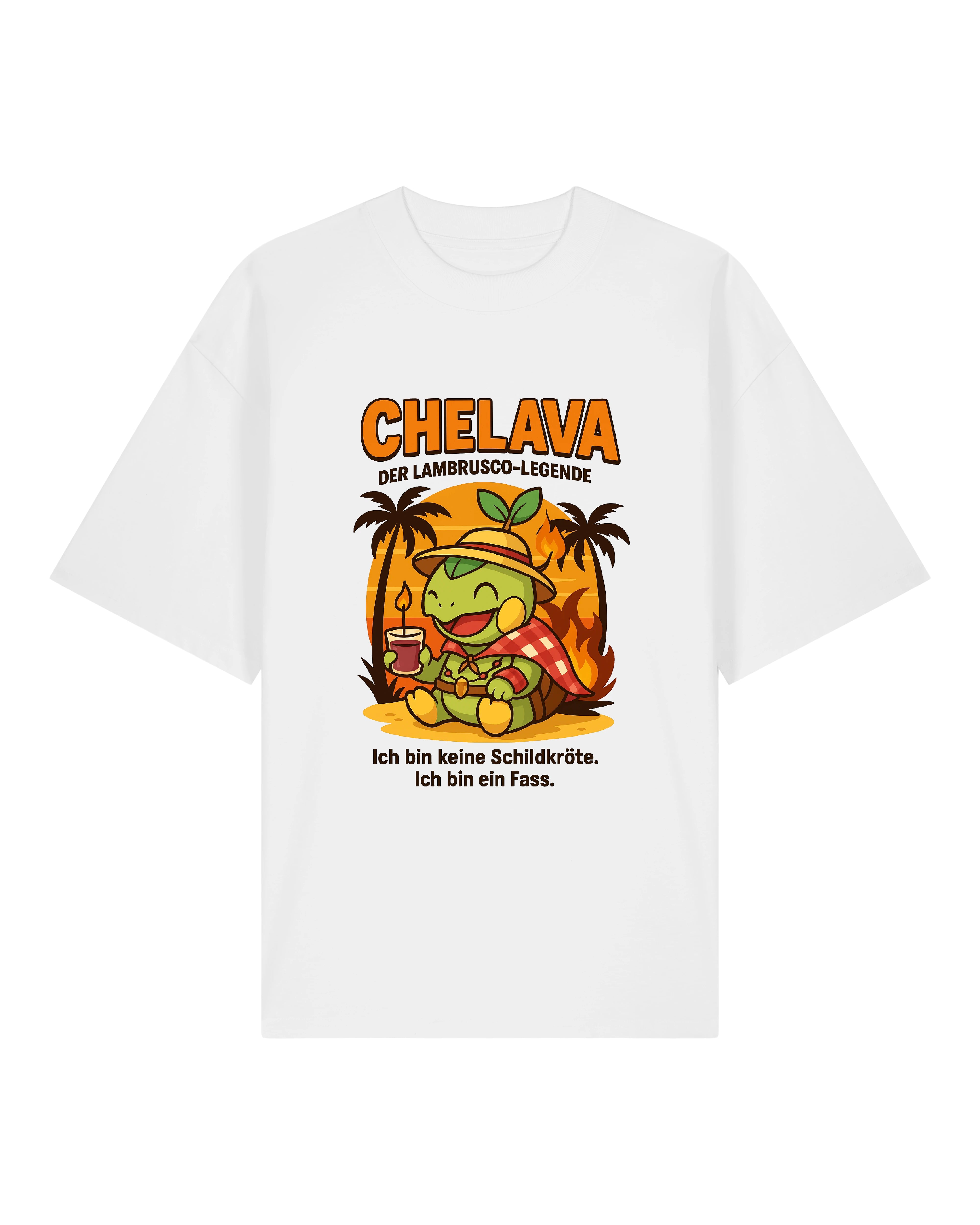 T-Shirt in Schwarz, Grau und Weiß mit dem Charakter „Chelava“, einer lässigen Schildkröte vor Sonnenuntergang mit Lambrusco-Glas.
