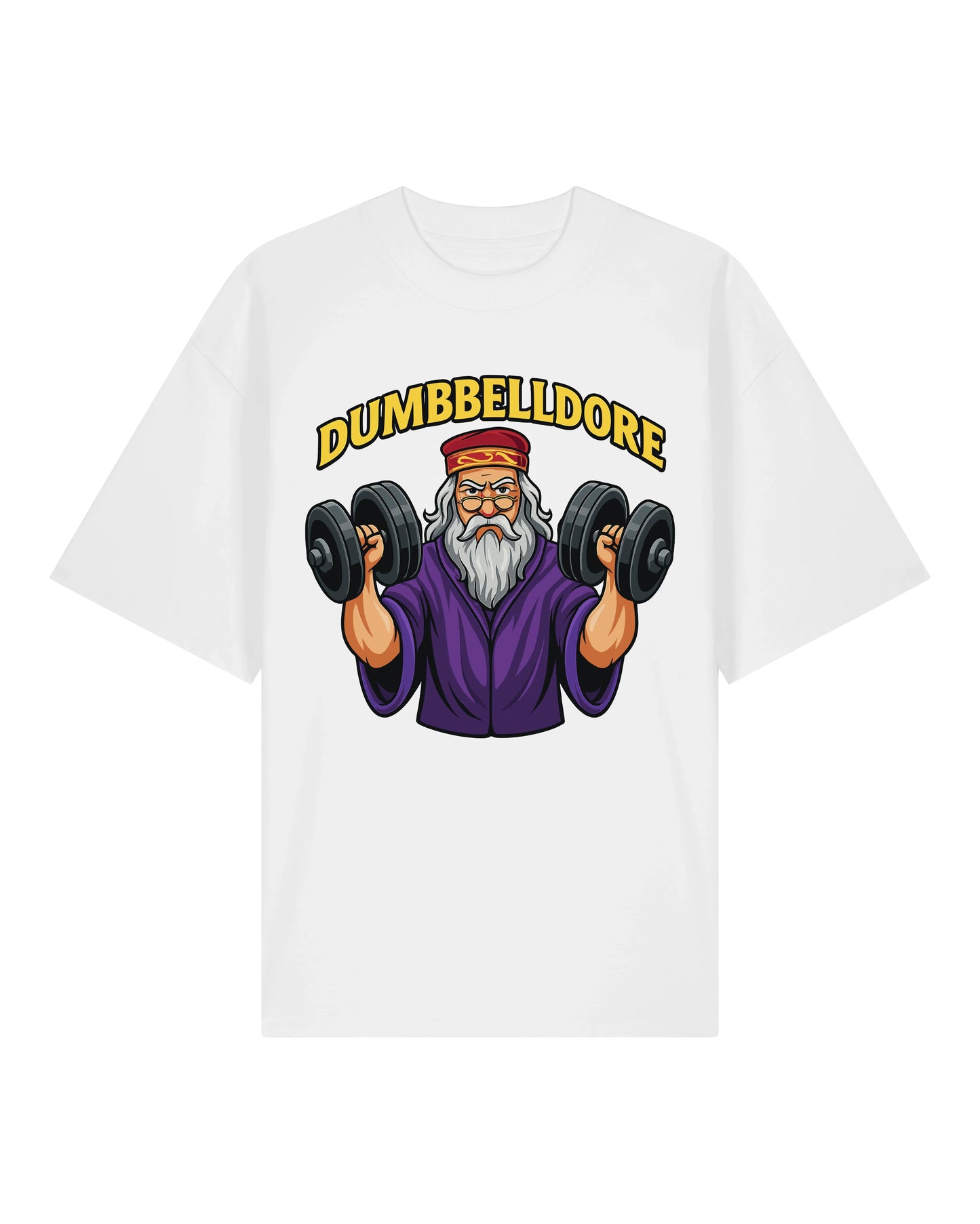 Lustiges Oversized Gym Shirt in Weiß – Dumbbelldore Motiv – Teeflix