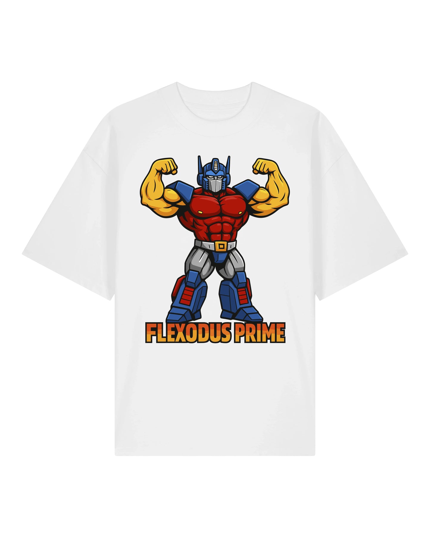 Flexodus Prime in Weiß – Gym Shirt mit Bodybuilder Transformer Design – Teeflix