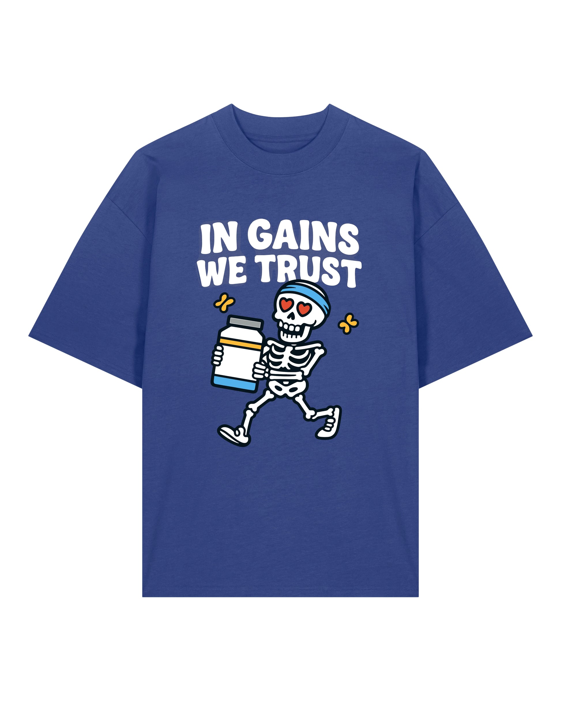 In Gains We Trust Oversized T-Shirt Blau – Teeflix Gym Pump Cover