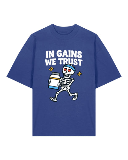 In Gains We Trust Oversized T-Shirt Blau – Teeflix Gym Pump Cover
