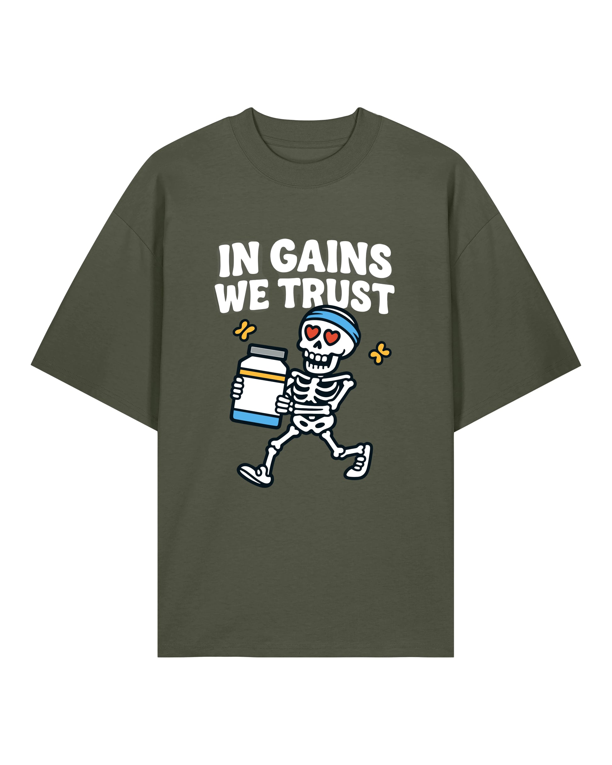 In Gains We Trust Oversized T-Shirt Khaki – Teeflix Pump Cover Gym Style