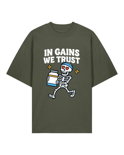 In Gains We Trust Oversized T-Shirt Khaki – Teeflix Pump Cover Gym Style