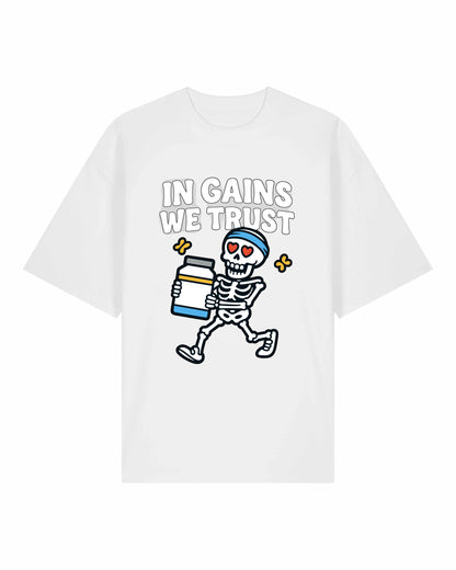 In Gains We Trust Pump Cover Oversized T-Shirt Weiß – Teeflix Fitness Shirt