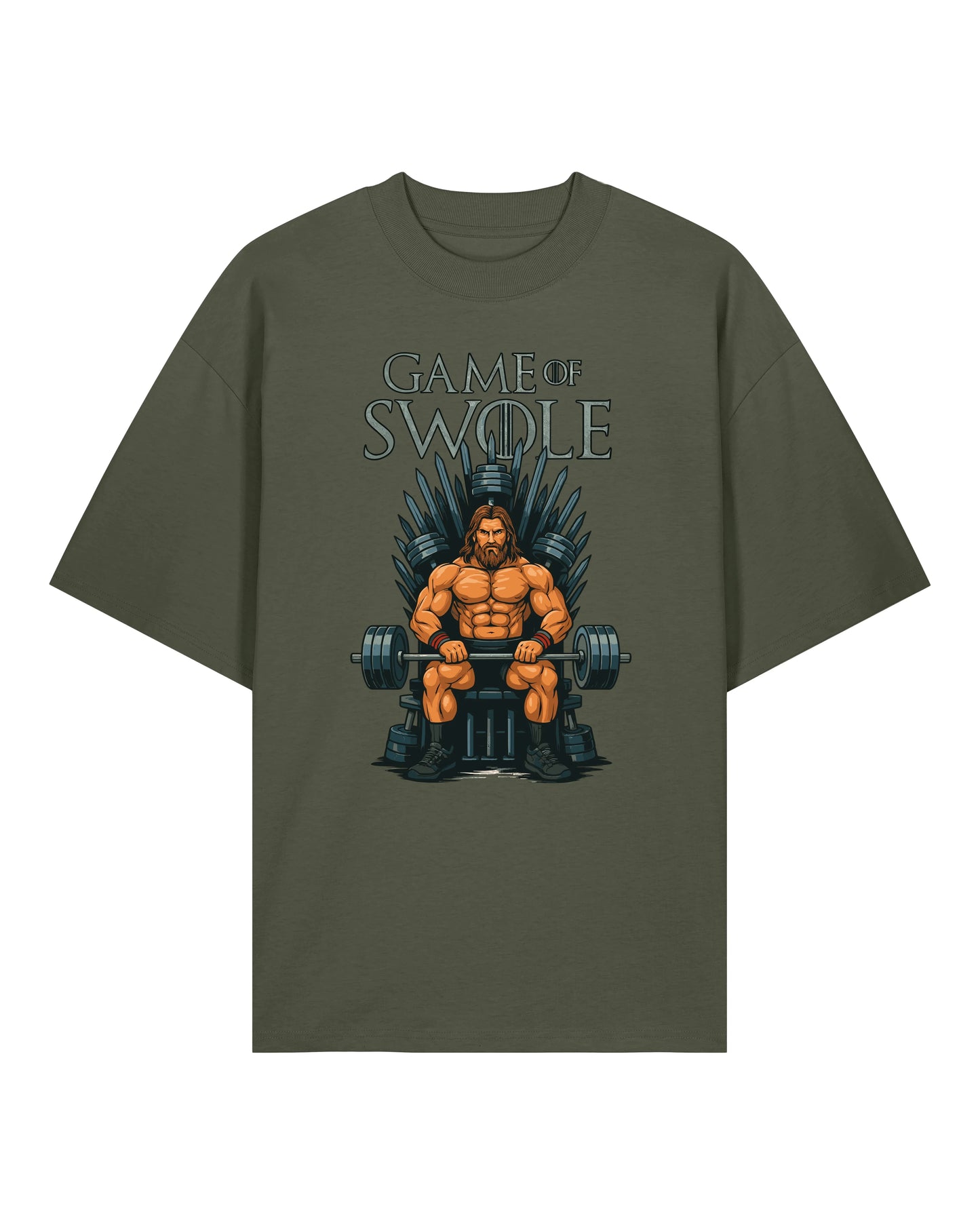 Teeflix Game of Swole Oversized Gym Shirt Olivgrün – Lustiges Pump Cover Fitness Shirt Unisex Bio-Baumwolle