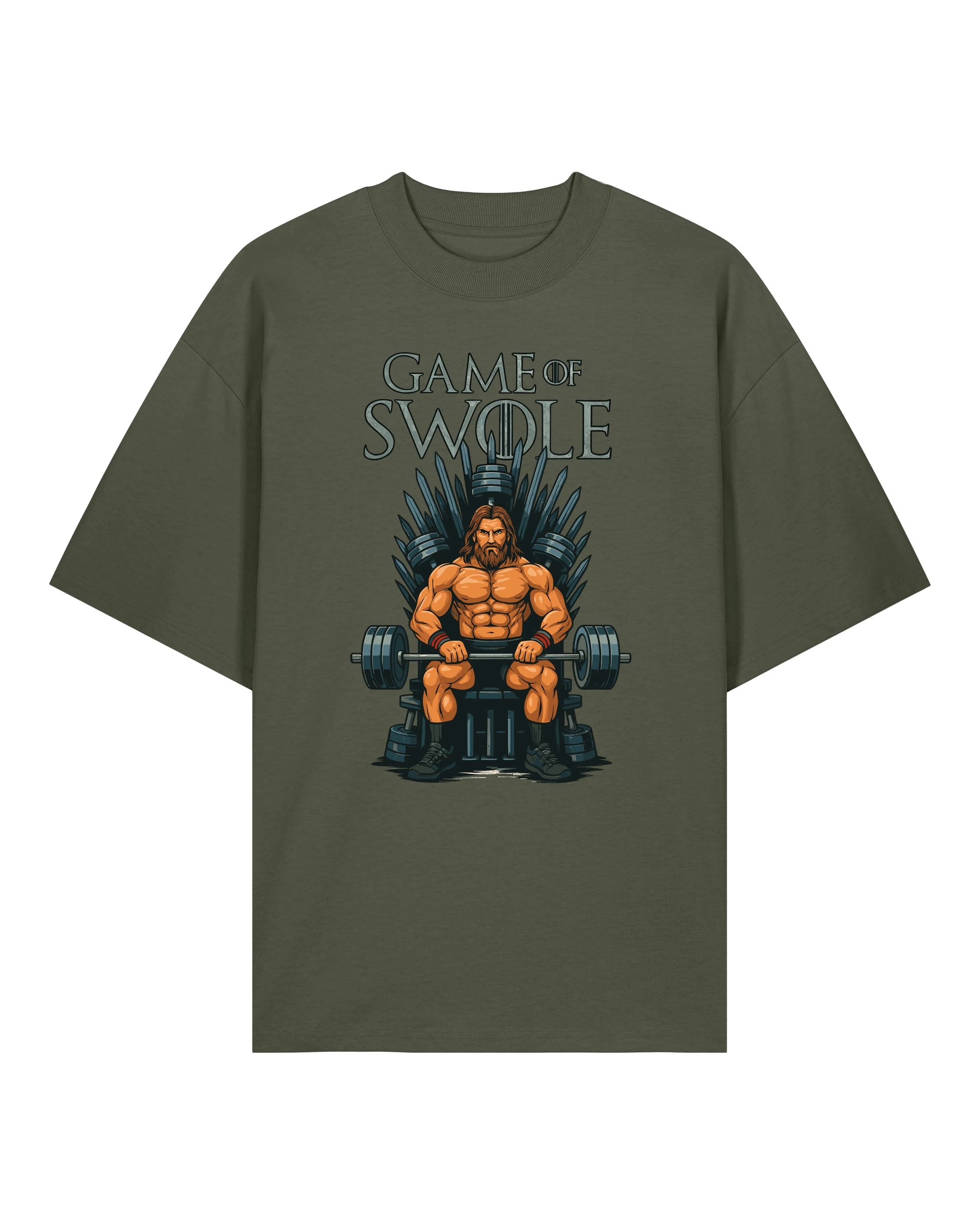 Teeflix Game of Swole Oversized Gym Shirt Olivgrün – Lustiges Pump Cover Fitness Shirt Unisex Bio-Baumwolle