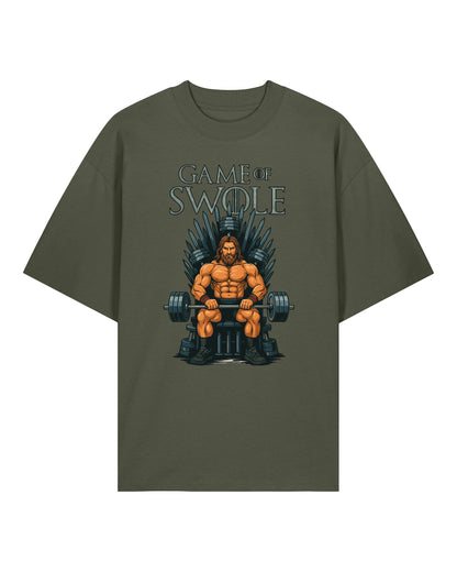 Teeflix Game of Swole Oversized Gym Shirt Olivgrün – Lustiges Pump Cover Fitness Shirt Unisex Bio-Baumwolle