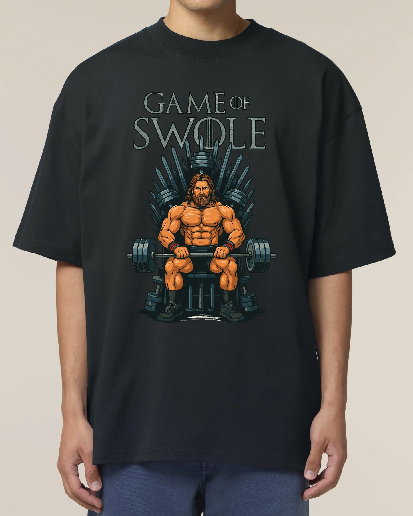 Teeflix Game of Swole Oversized Gym Shirt Schwarz – Lustiges Pump Cover Fitness Shirt Unisex Bio-Baumwolle
