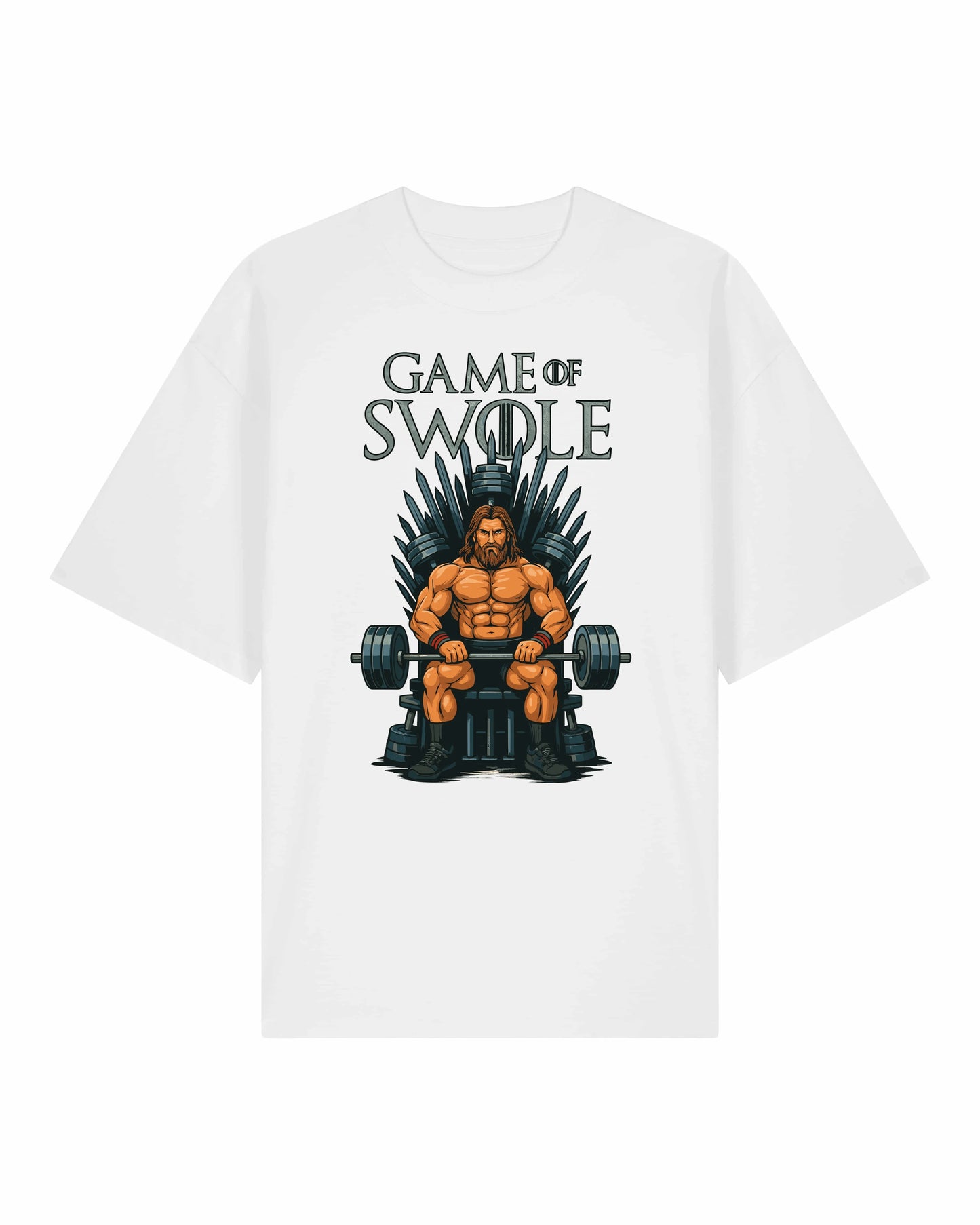 Teeflix Game of Swole Oversized Gym Shirt Weiß – Lustiges Pump Cover Fitness Shirt Unisex Bio-Baumwolle