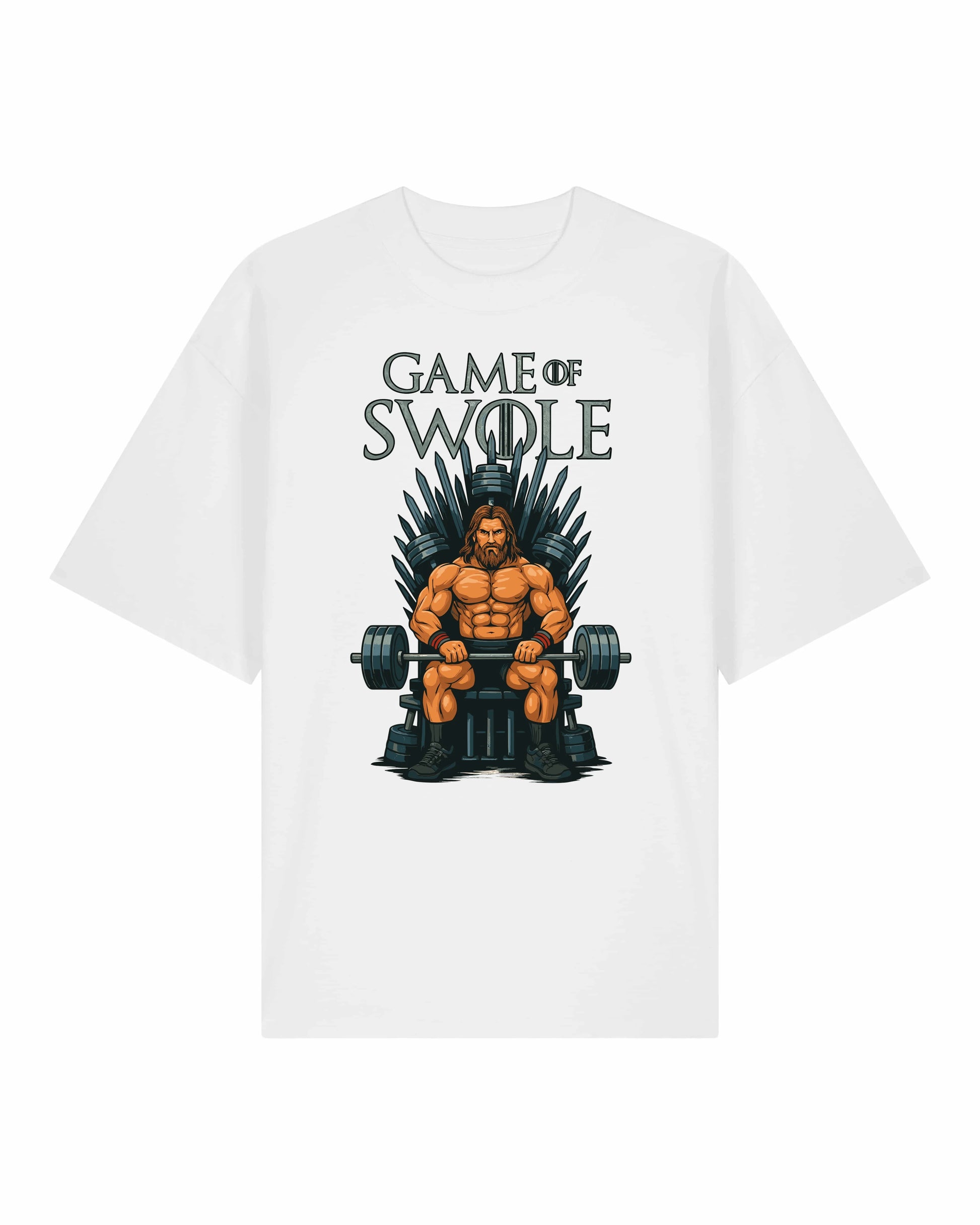 Teeflix Game of Swole Oversized Gym Shirt Weiß – Lustiges Pump Cover Fitness Shirt Unisex Bio-Baumwolle